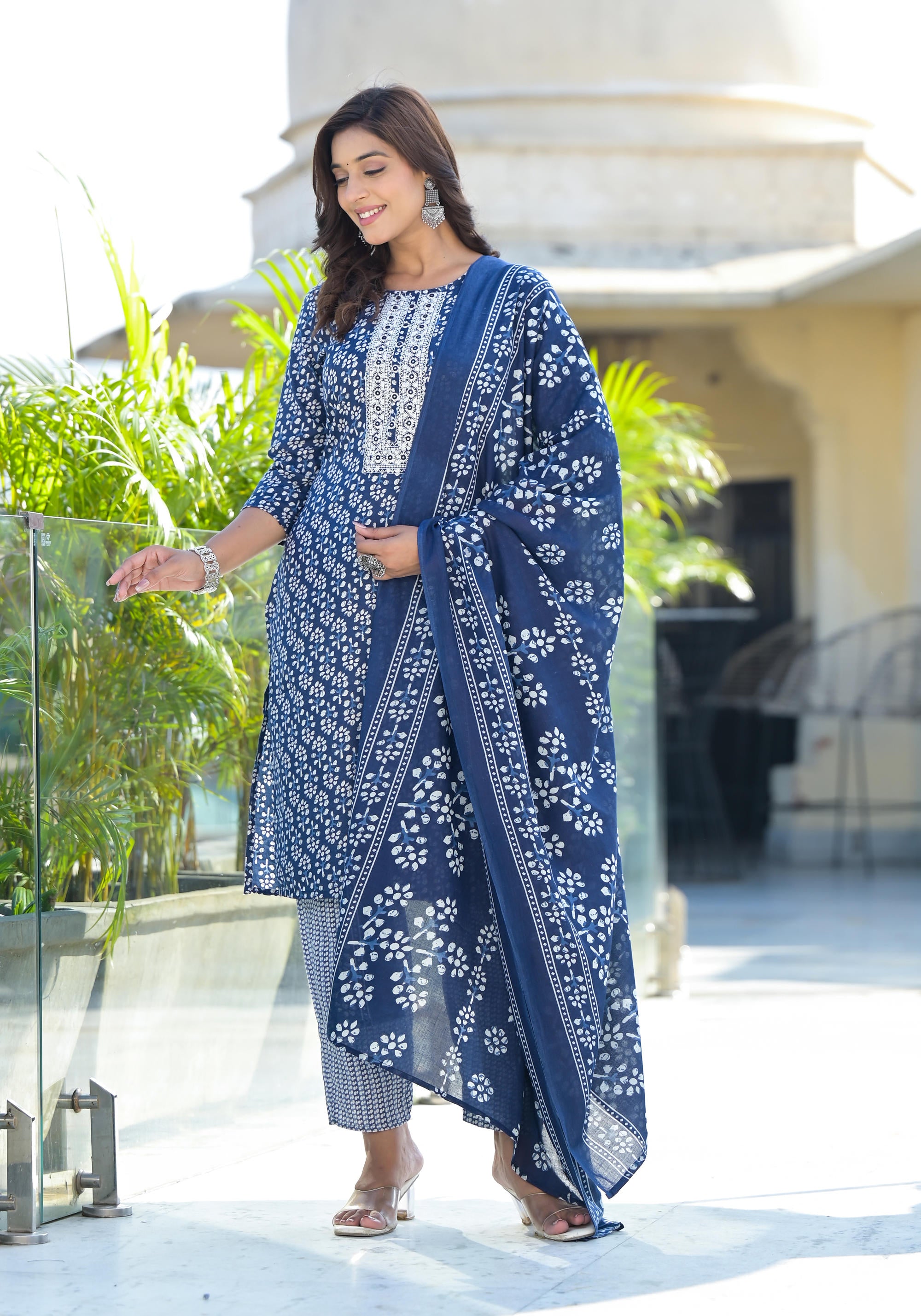 Blue Floral Printed Cotton Kurta Pant And Dupatta Set With Thread & Mirror Work