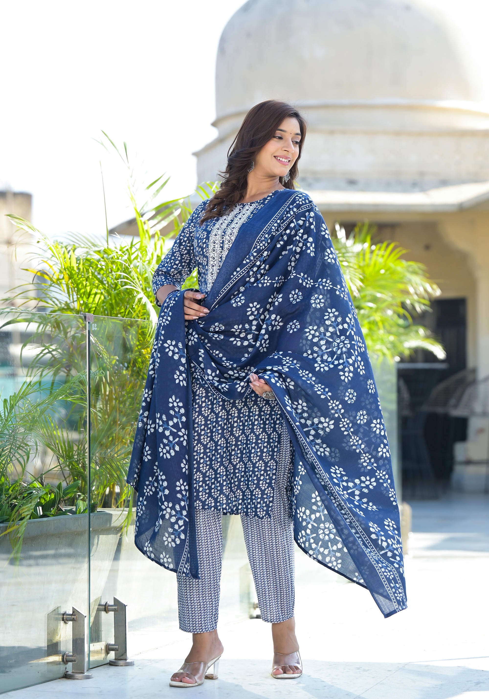 Blue Floral Printed Cotton Kurta Pant And Dupatta Set With Thread & Mirror Work