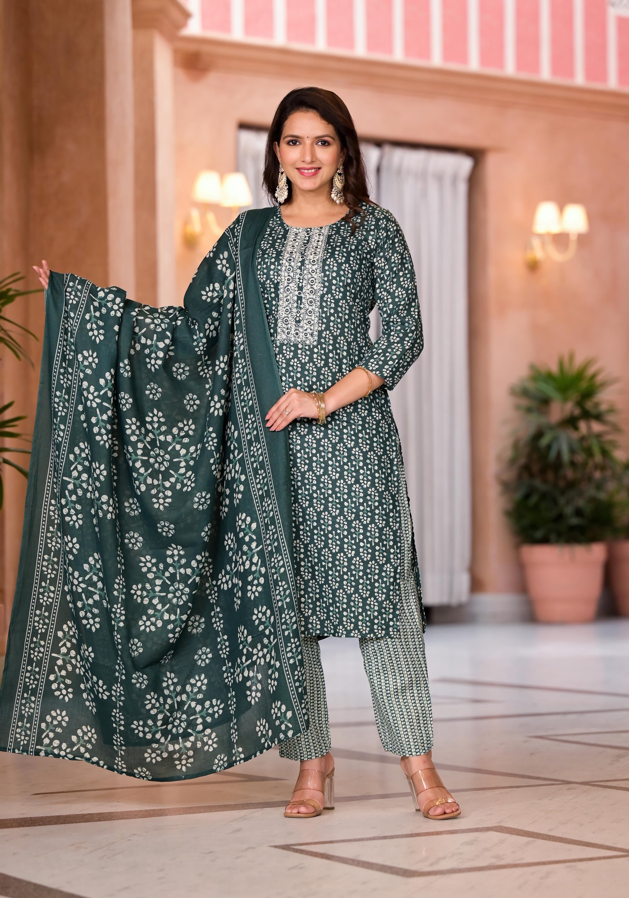 Green Floral Printed Cotton Kurta Pant And Dupatta Set With Thread & Mirror Work