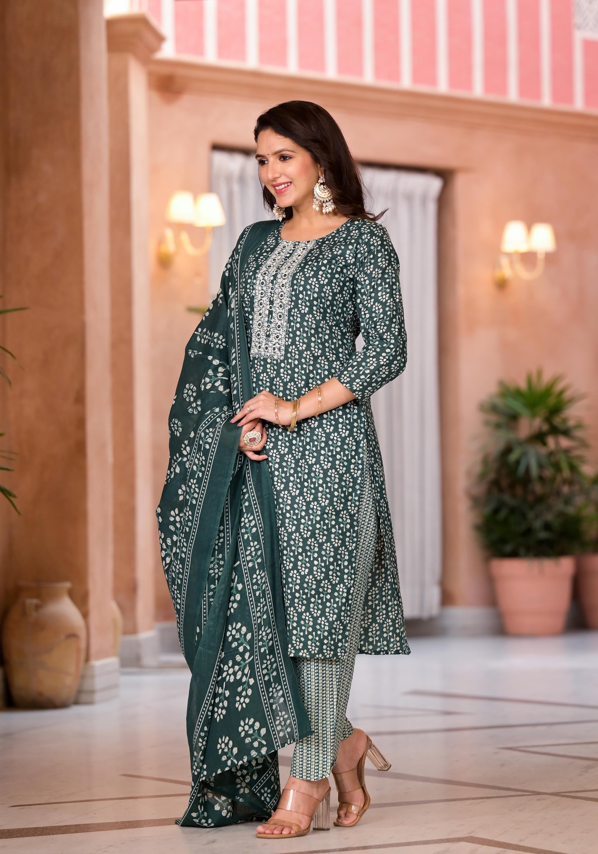 Green Floral Printed Cotton Kurta Pant And Dupatta Set With Thread & Mirror Work