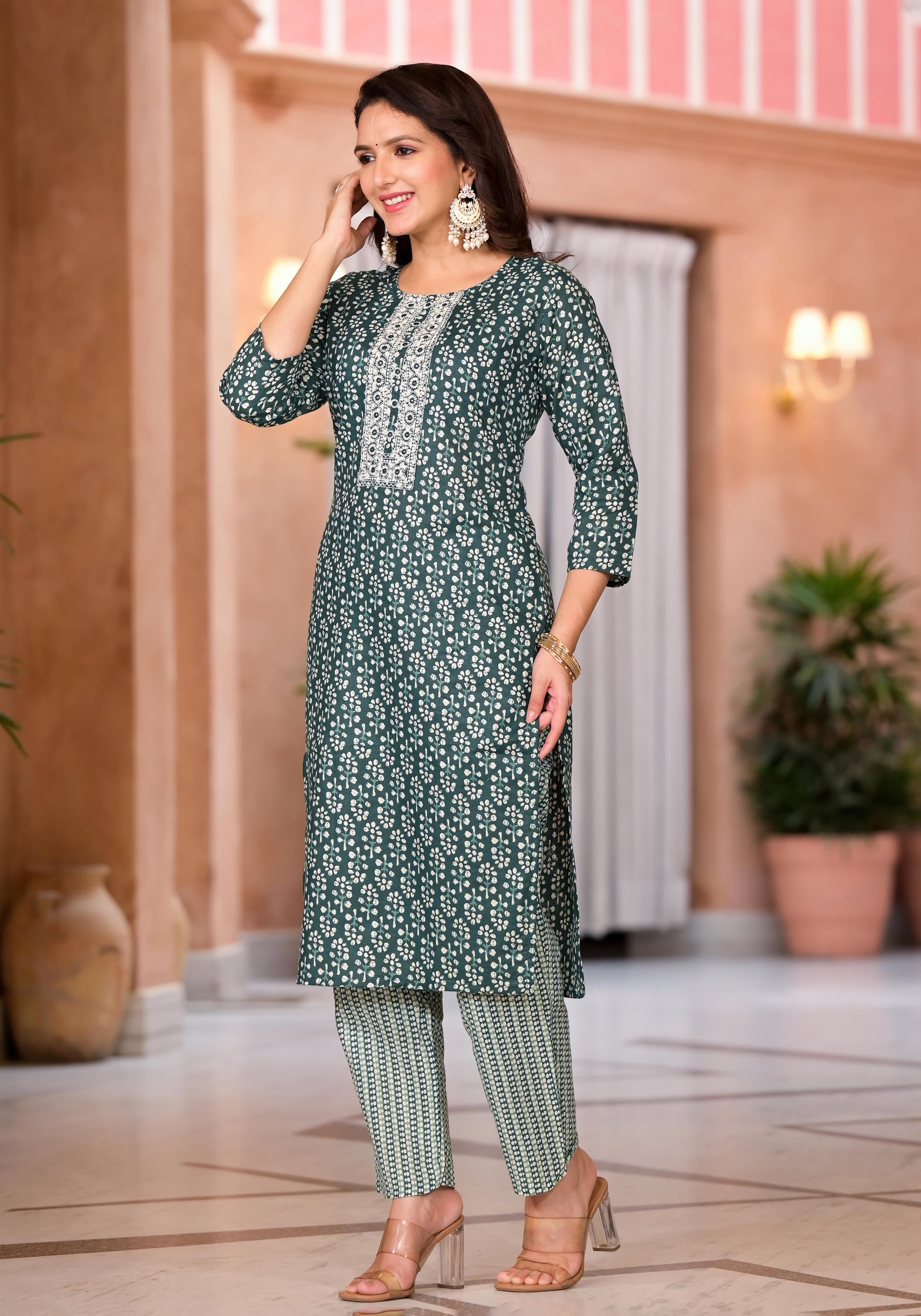 Green Floral Printed Cotton Kurta Pant And Dupatta Set With Thread & Mirror Work