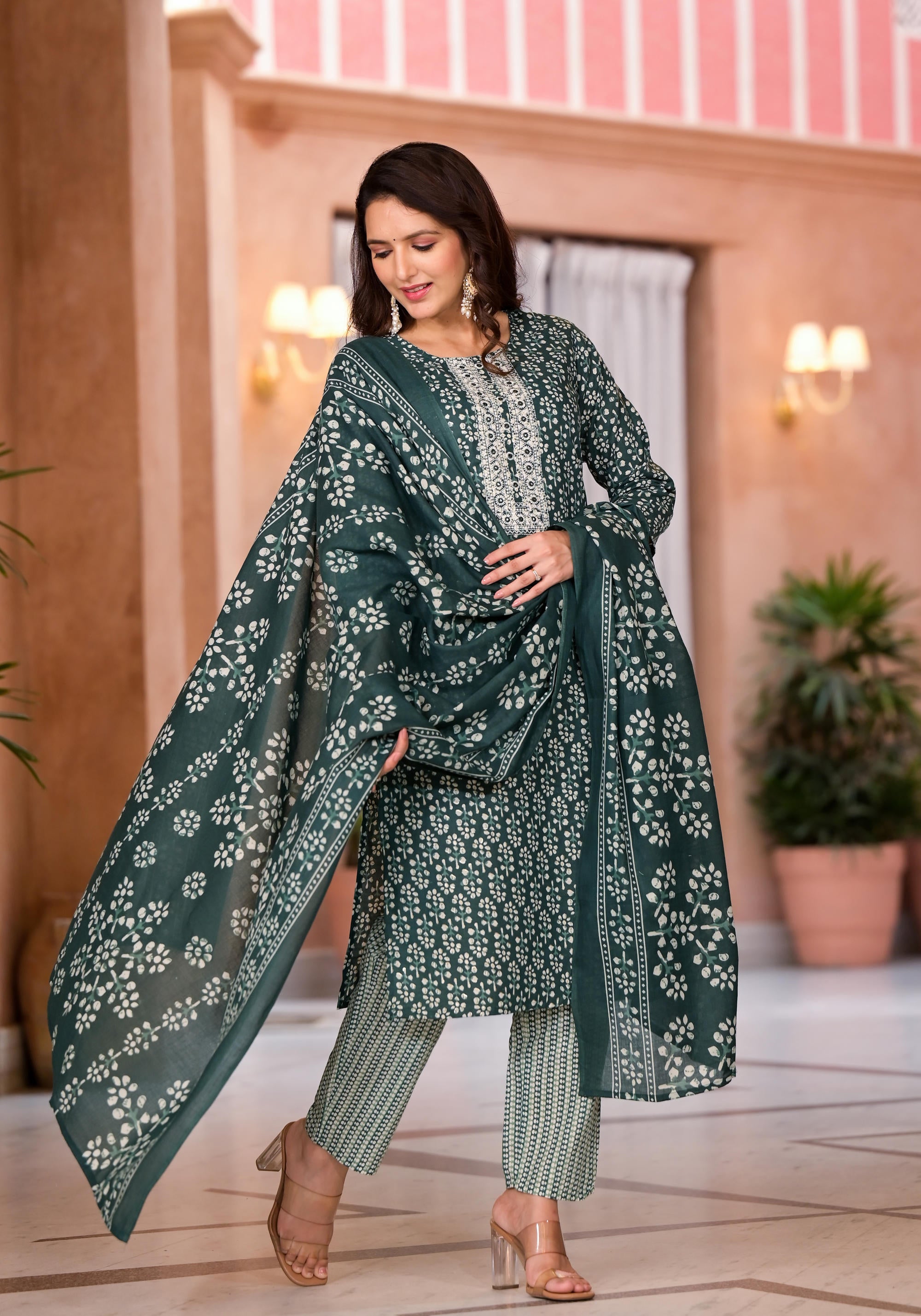 Green Floral Printed Cotton Kurta Pant And Dupatta Set With Thread & Mirror Work