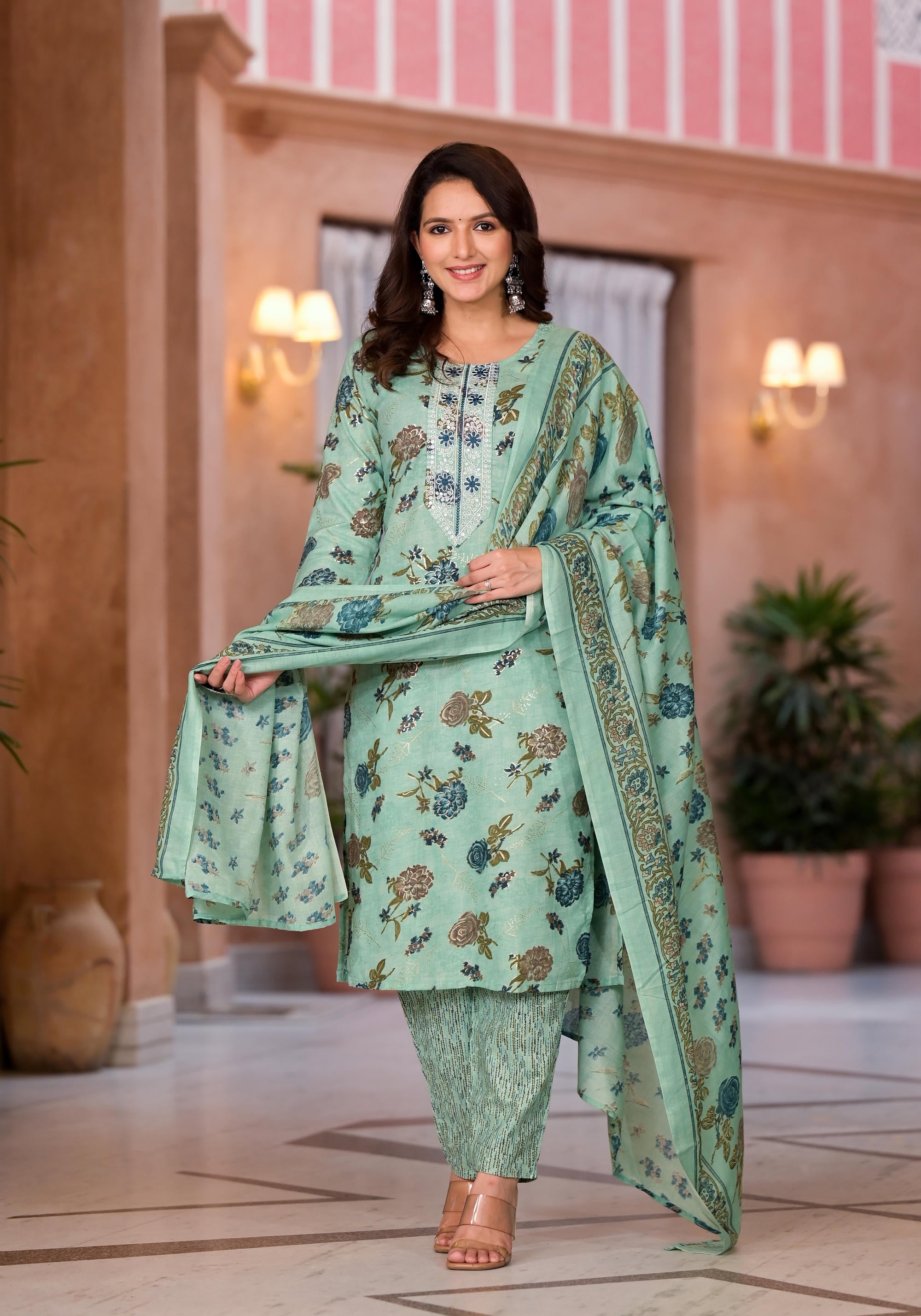 Green Floral Printed Cotton Kurta Pant And Dupatta Set With Thread Work