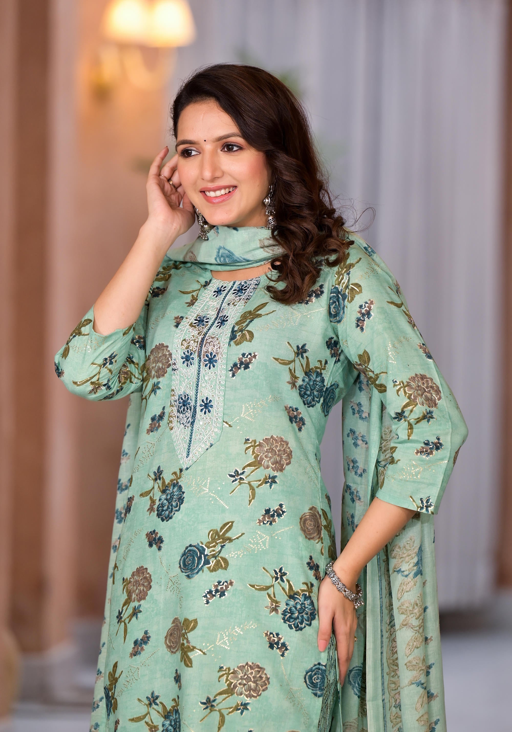 Green Floral Printed Cotton Kurta Pant And Dupatta Set With Thread Work