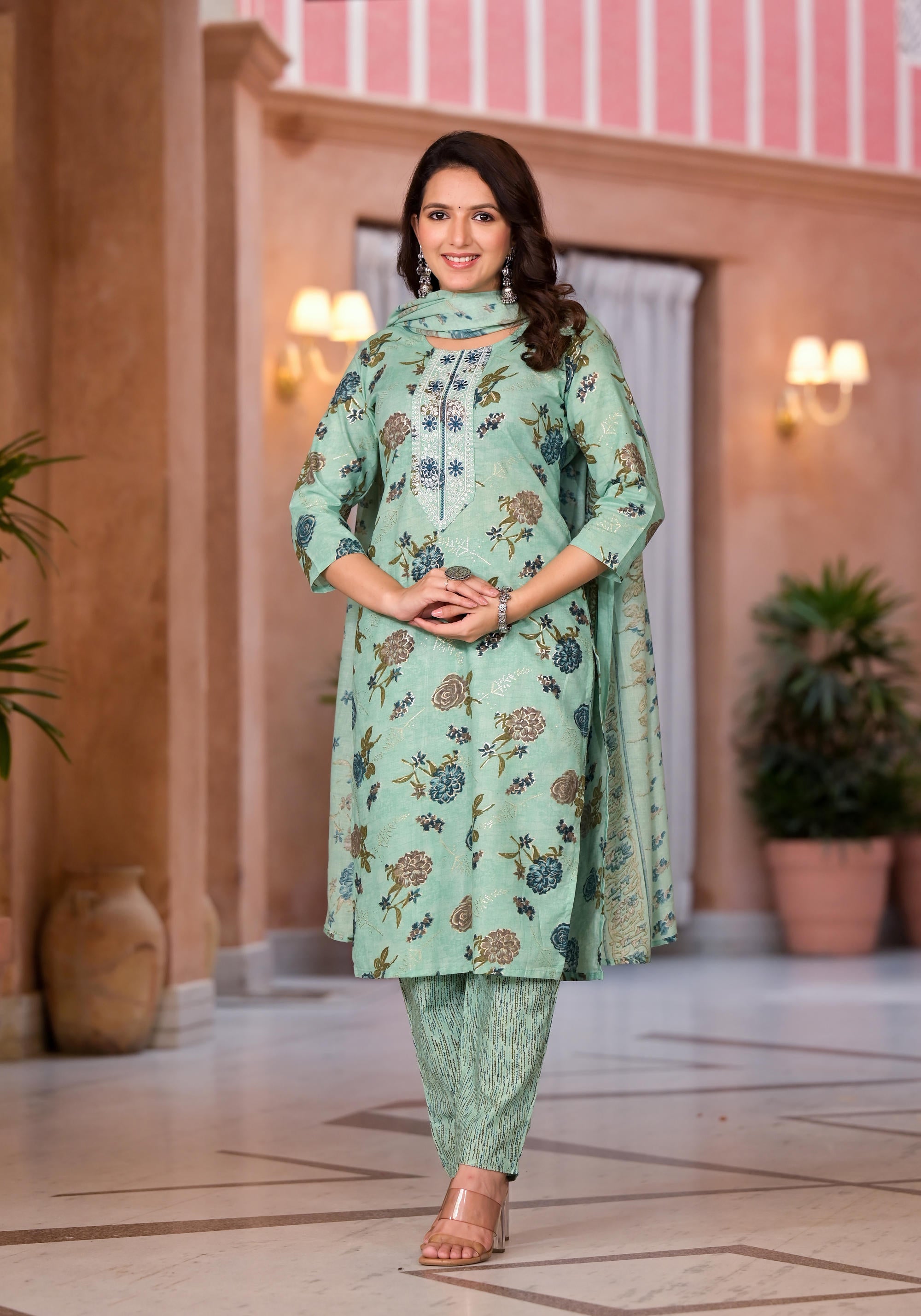 Green Floral Printed Cotton Kurta Pant And Dupatta Set With Thread Work