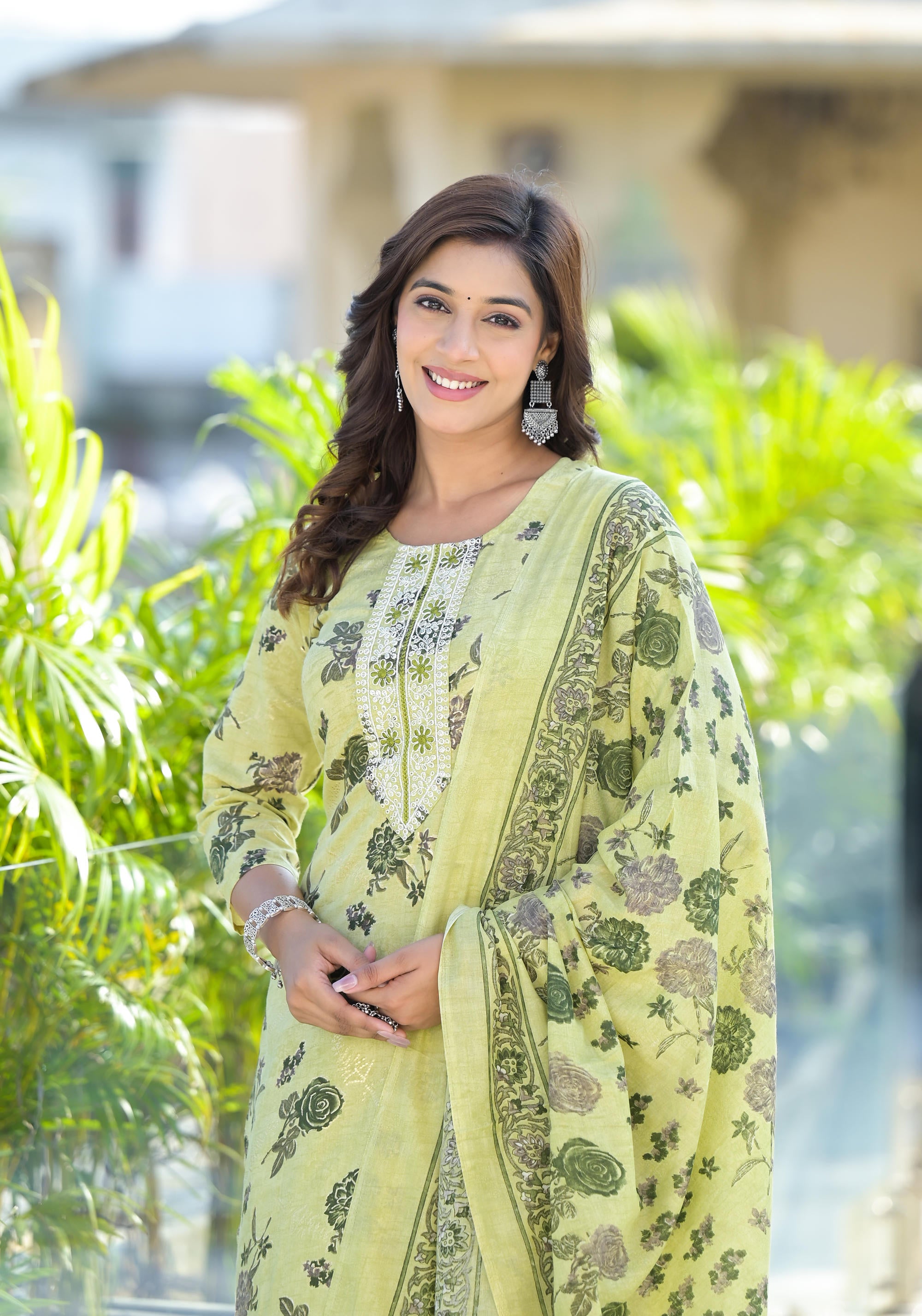 Lime Green Floral Printed Cotton Kurta Pant And Dupatta Set With Thread Work