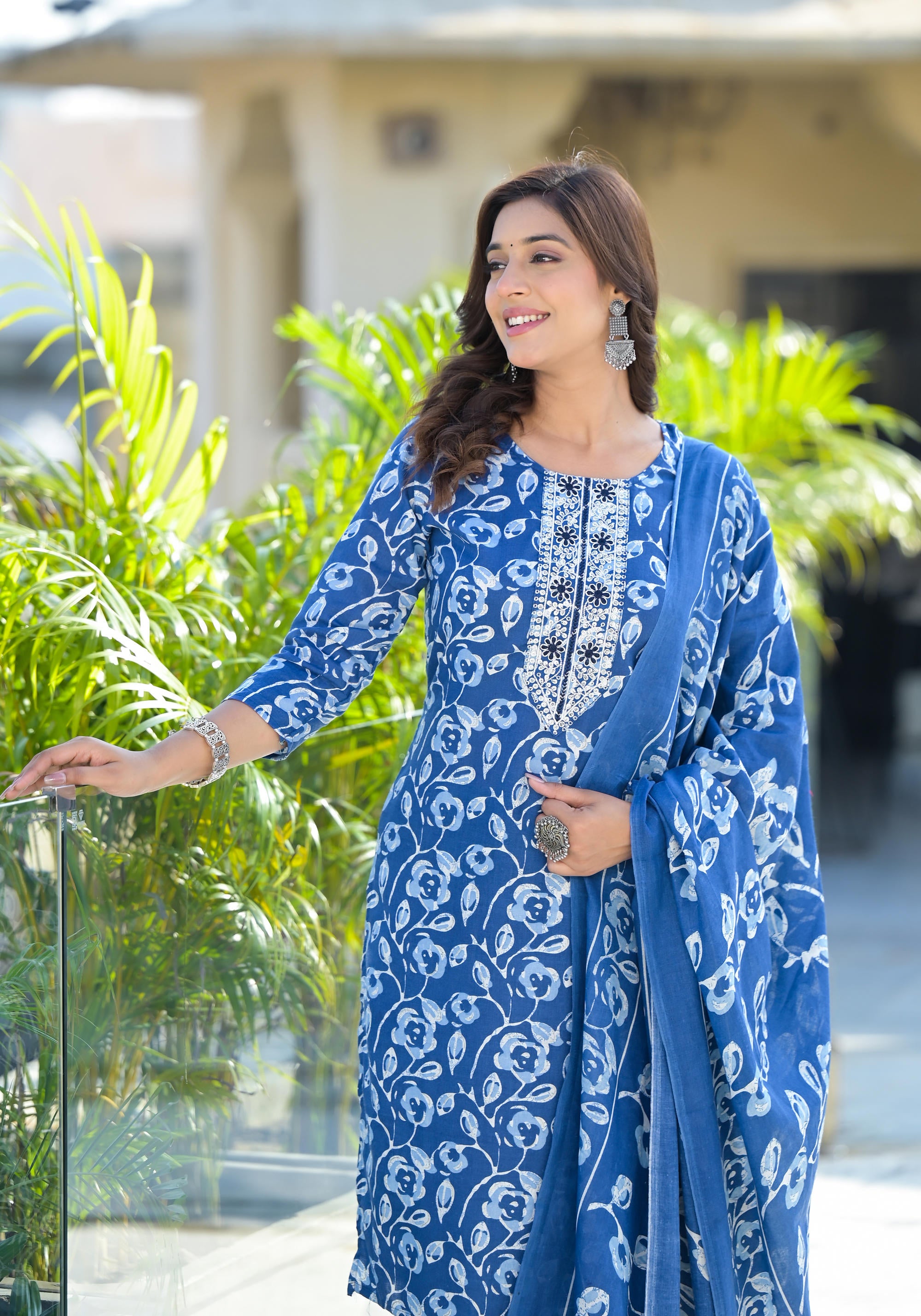 Blue Floral Printed Cotton Kurta Pant And Dupatta Set With Thread Work & Sequins