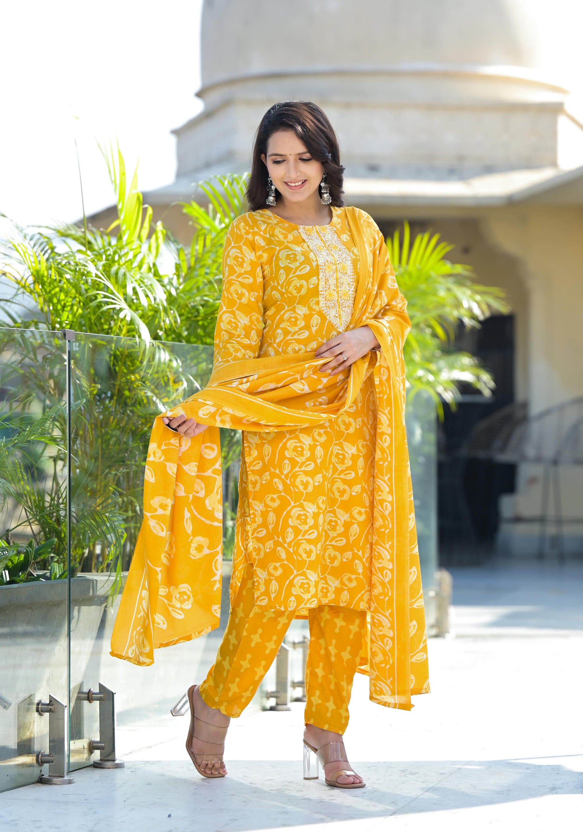 Mustard Floral Printed Cotton Kurta Pant And Dupatta Set With Thread Work & Sequins