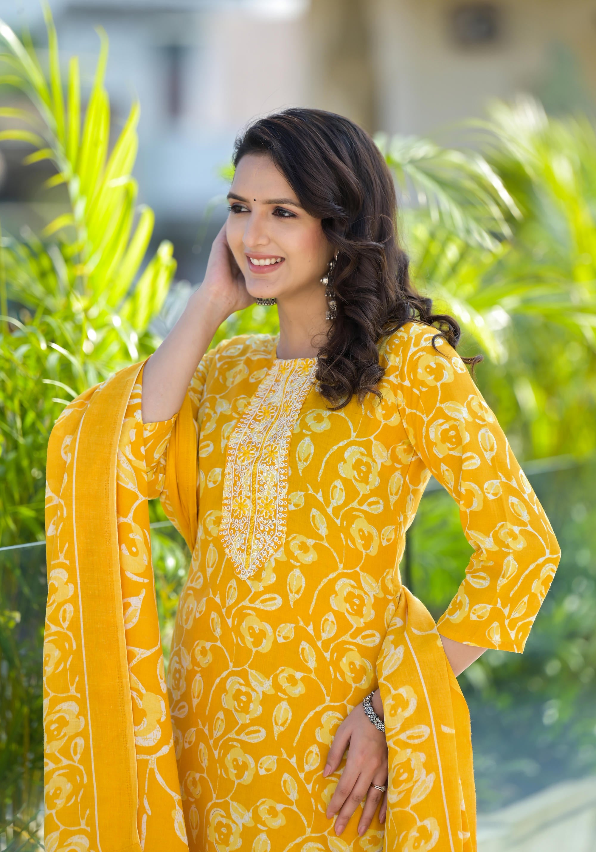 Mustard Floral Printed Cotton Kurta Pant And Dupatta Set With Thread Work & Sequins