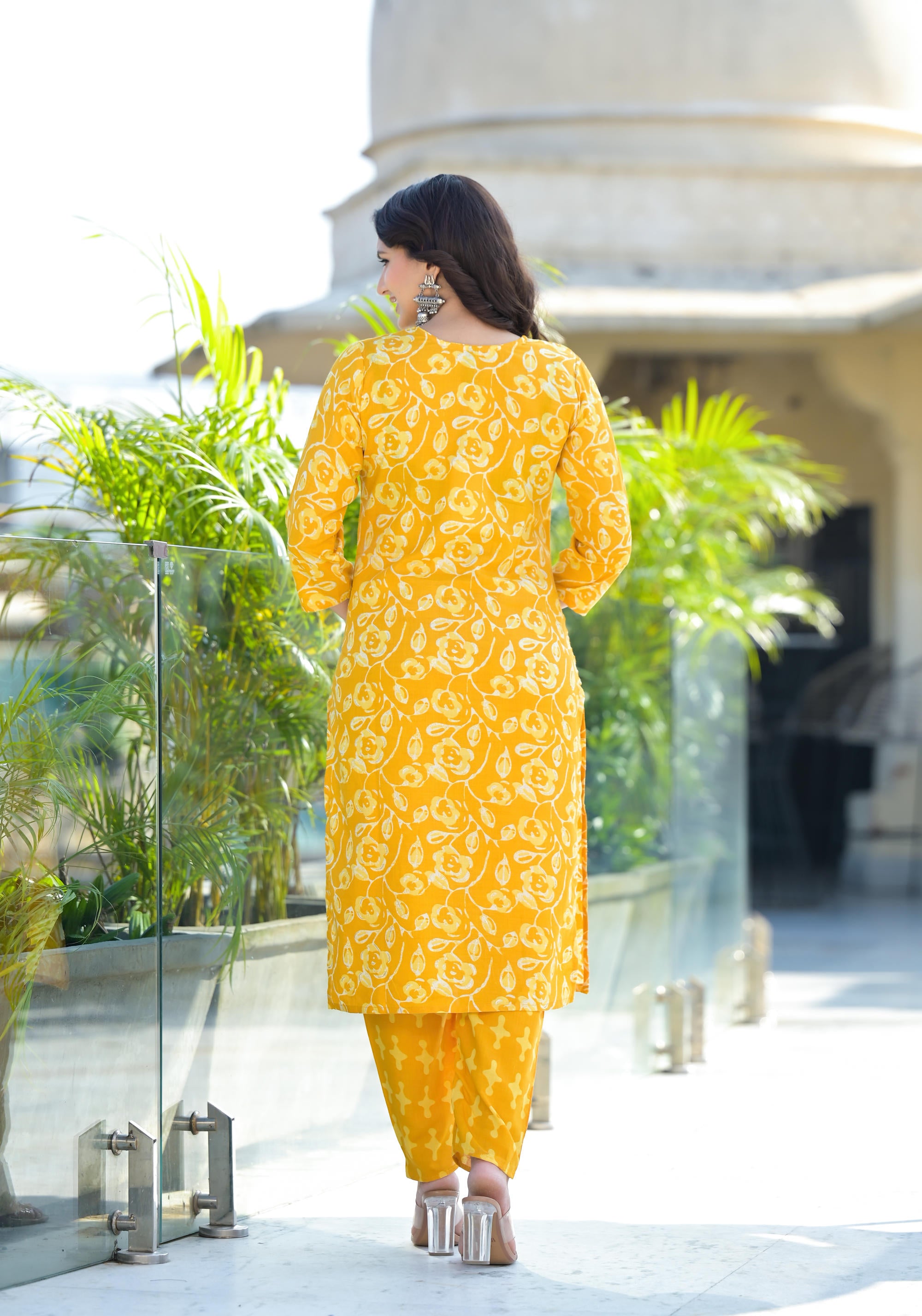 Mustard Floral Printed Cotton Kurta Pant And Dupatta Set With Thread Work & Sequins