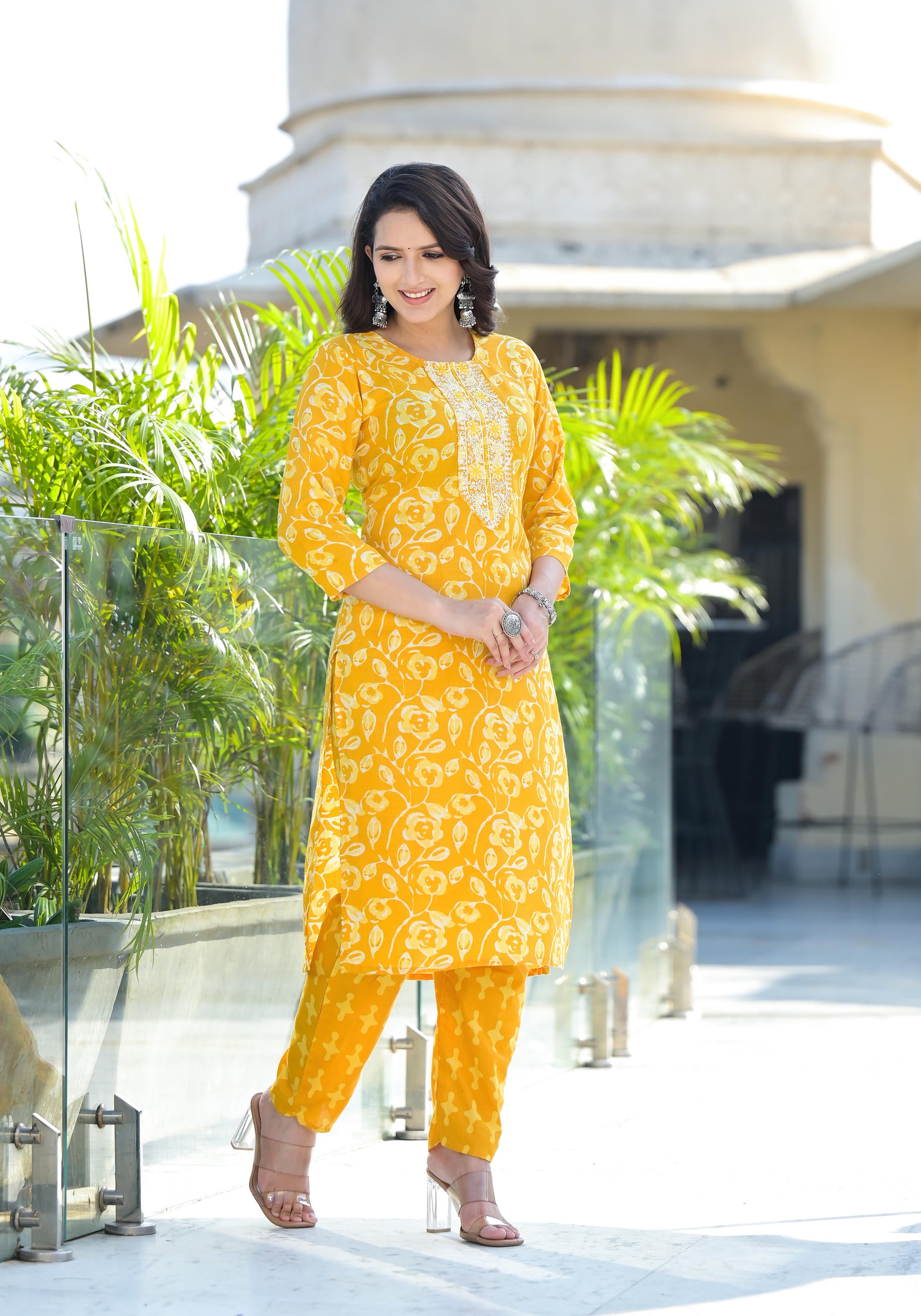 Mustard Floral Printed Cotton Kurta Pant And Dupatta Set With Thread Work & Sequins