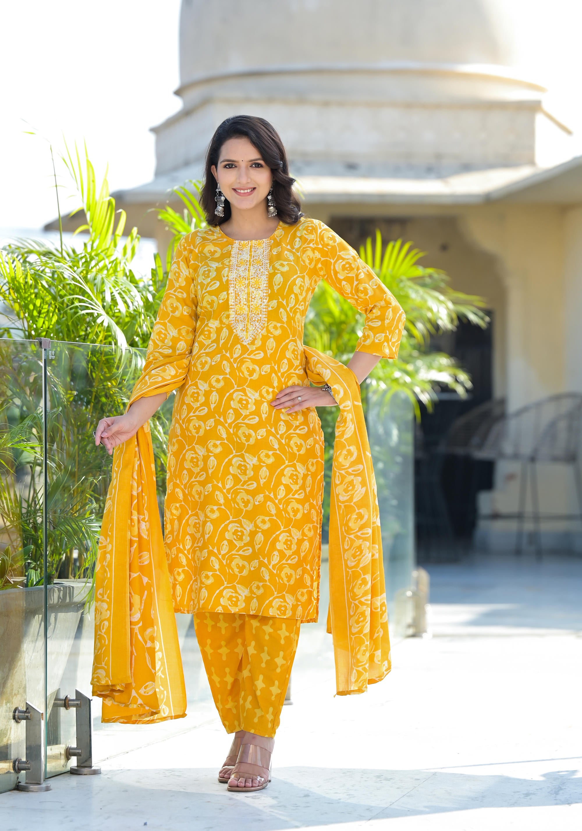 Mustard Floral Printed Cotton Kurta Pant And Dupatta Set With Thread Work & Sequins