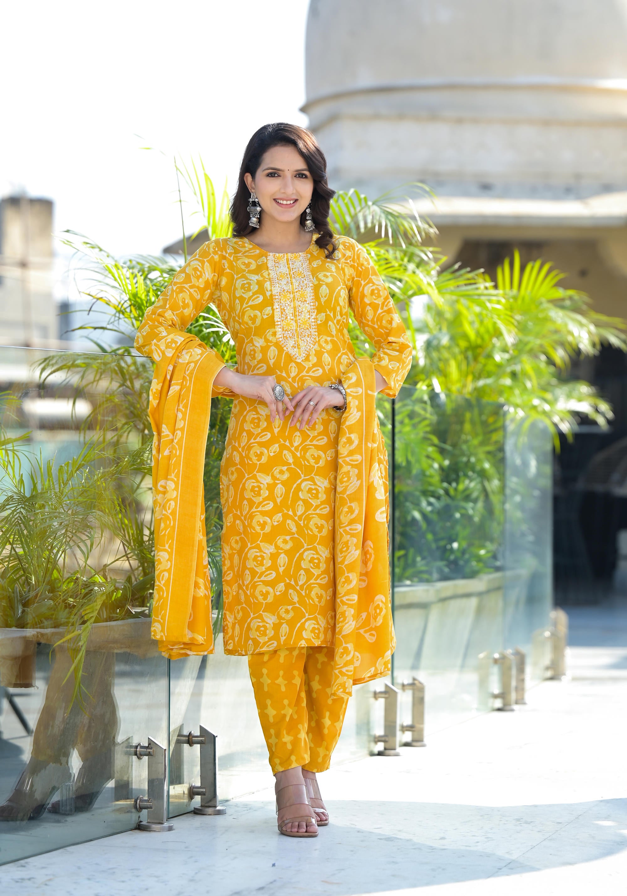 Mustard Floral Printed Cotton Kurta Pant And Dupatta Set With Thread Work & Sequins