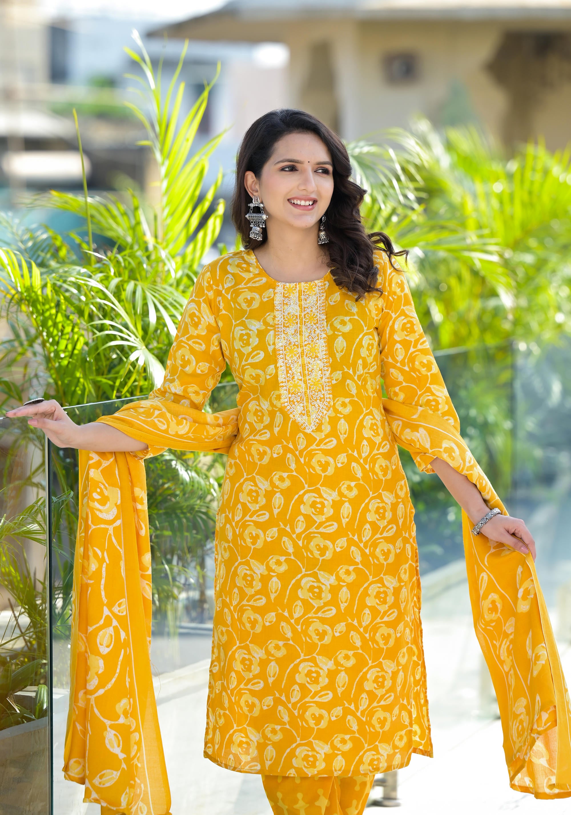 Mustard Floral Printed Cotton Kurta Pant And Dupatta Set With Thread Work & Sequins