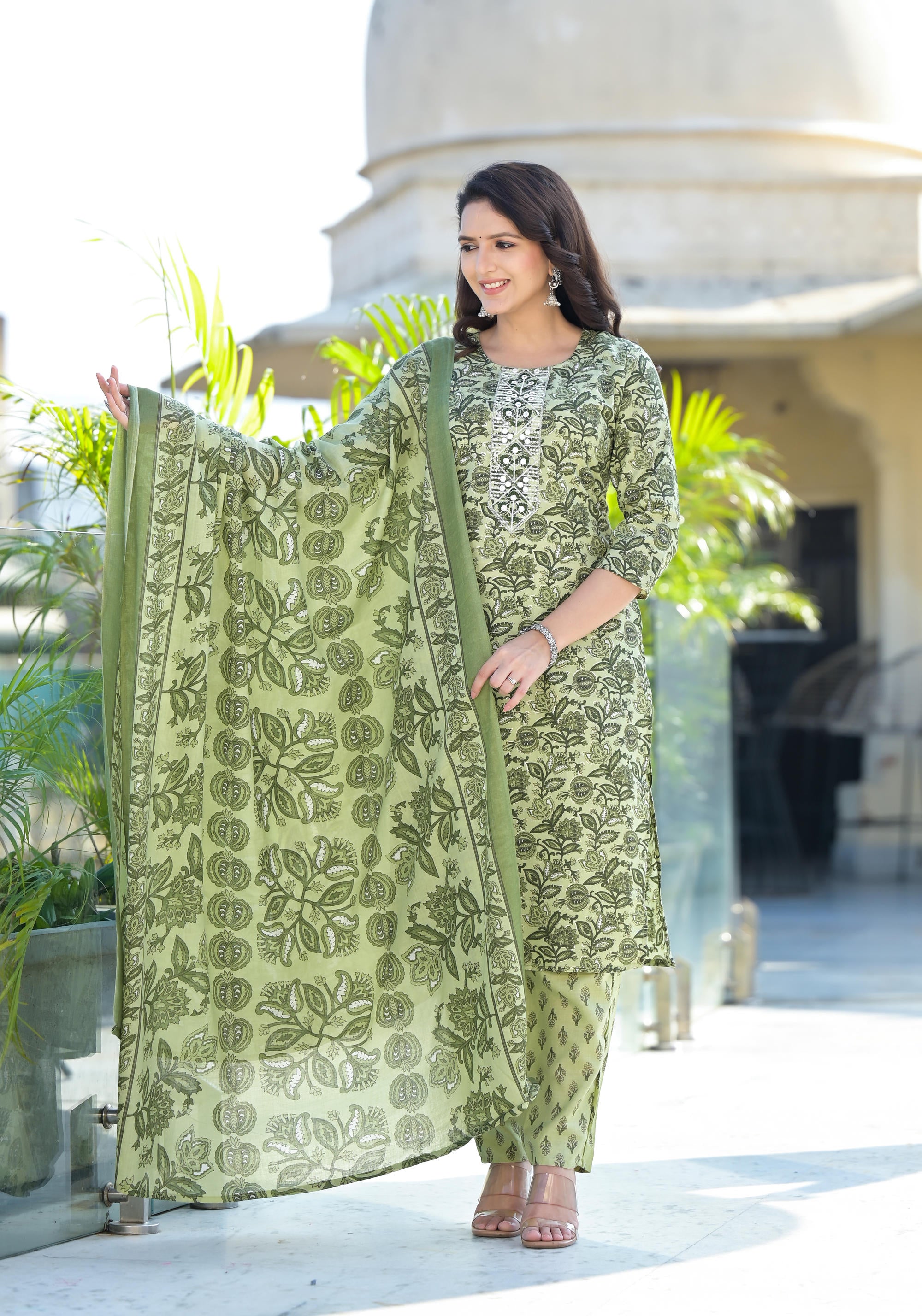 Green Floral Printed Cotton Kurta Pant And Dupatta Set With Thread & Mirror Work