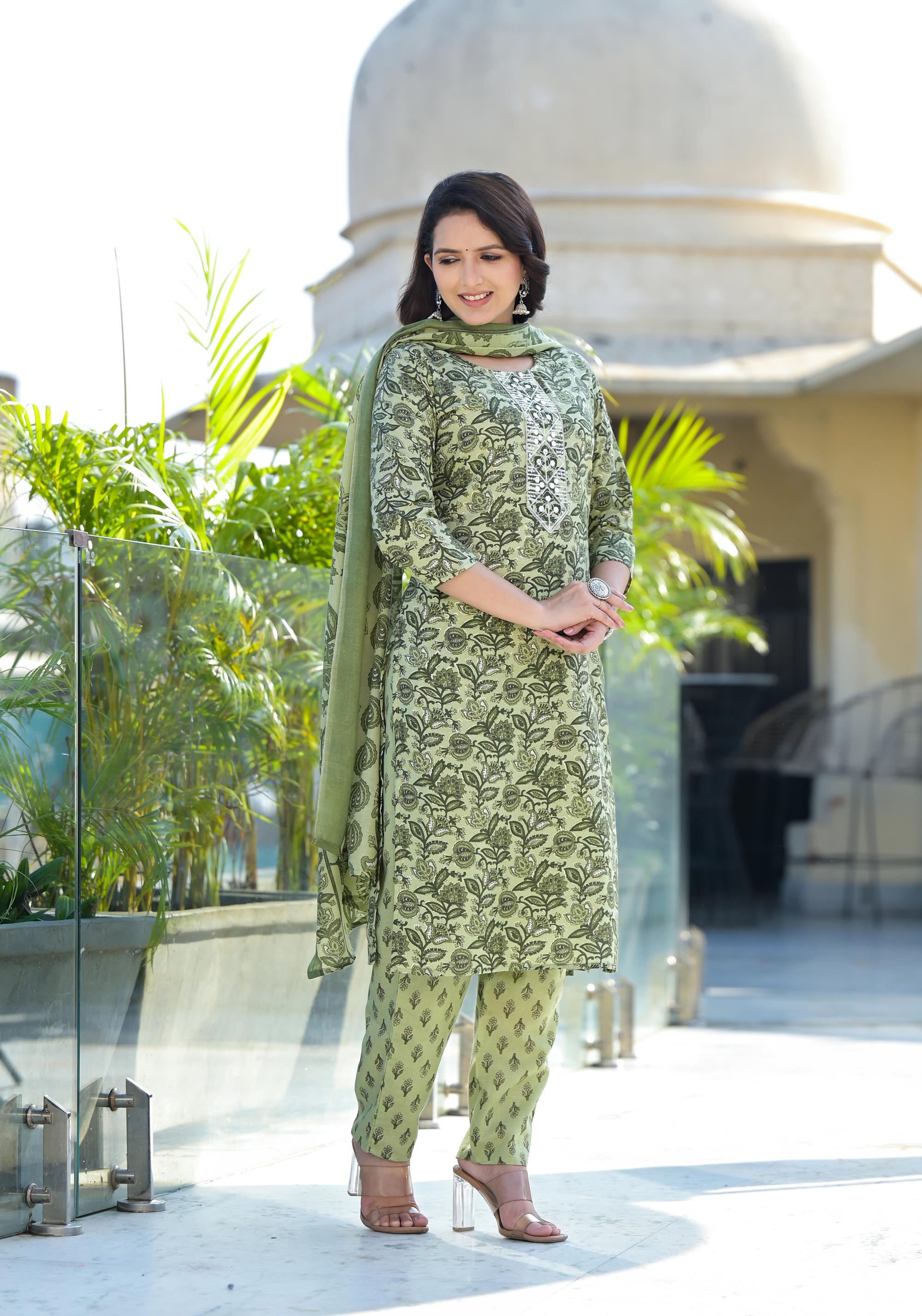 Green Floral Printed Cotton Kurta Pant And Dupatta Set With Thread & Mirror Work