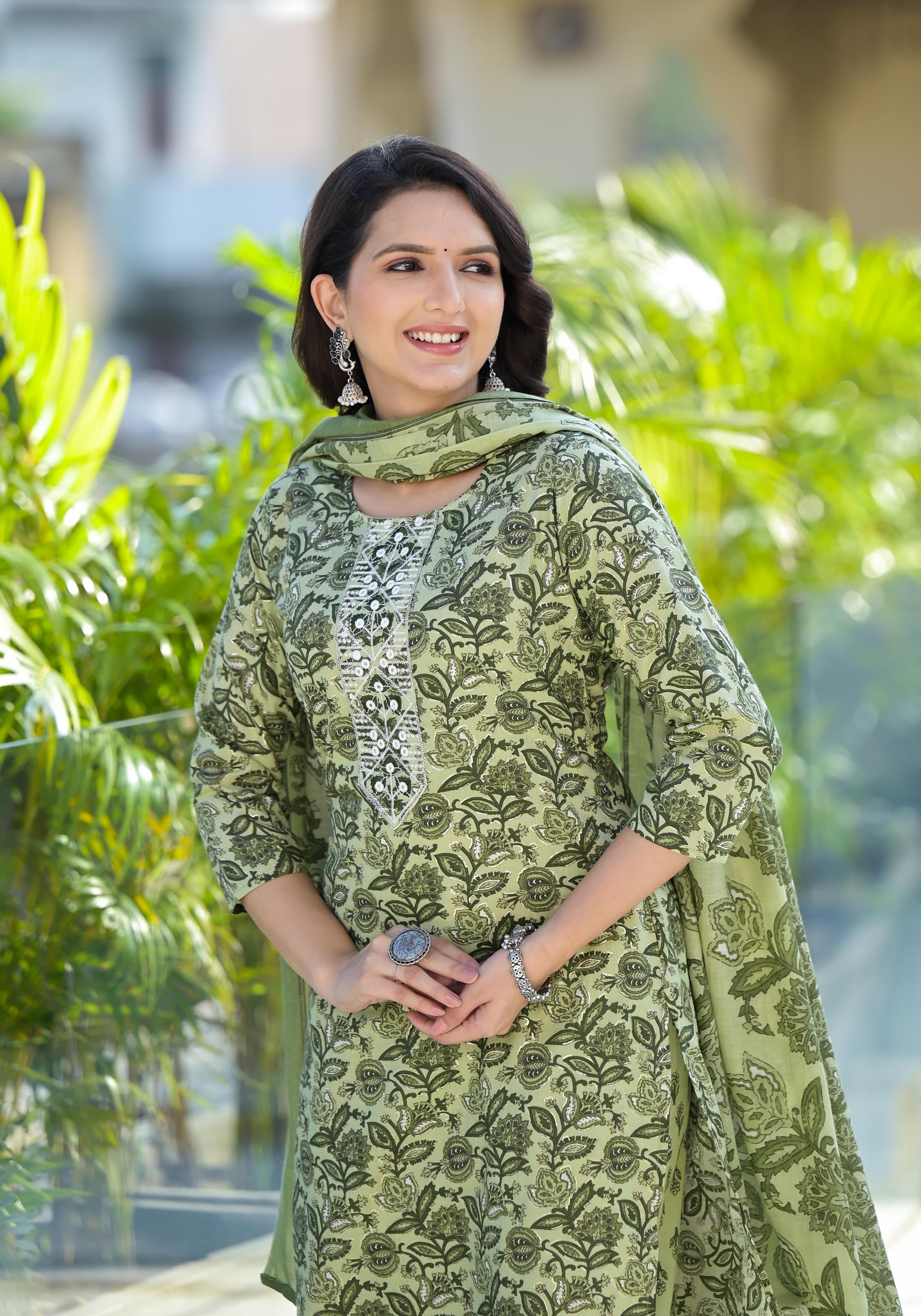 Green Floral Printed Cotton Kurta Pant And Dupatta Set With Thread & Mirror Work