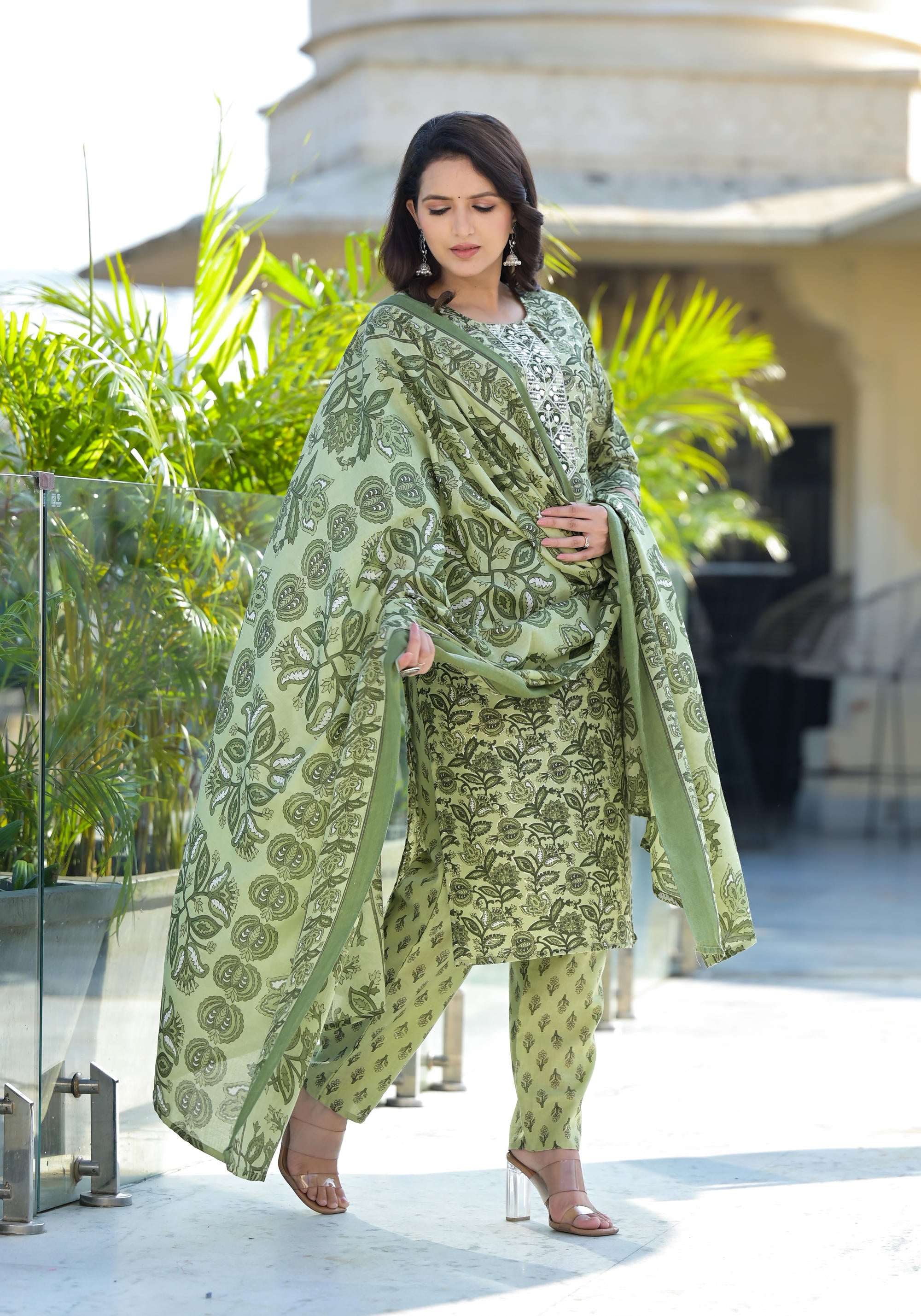 Green Floral Printed Cotton Kurta Pant And Dupatta Set With Thread & Mirror Work