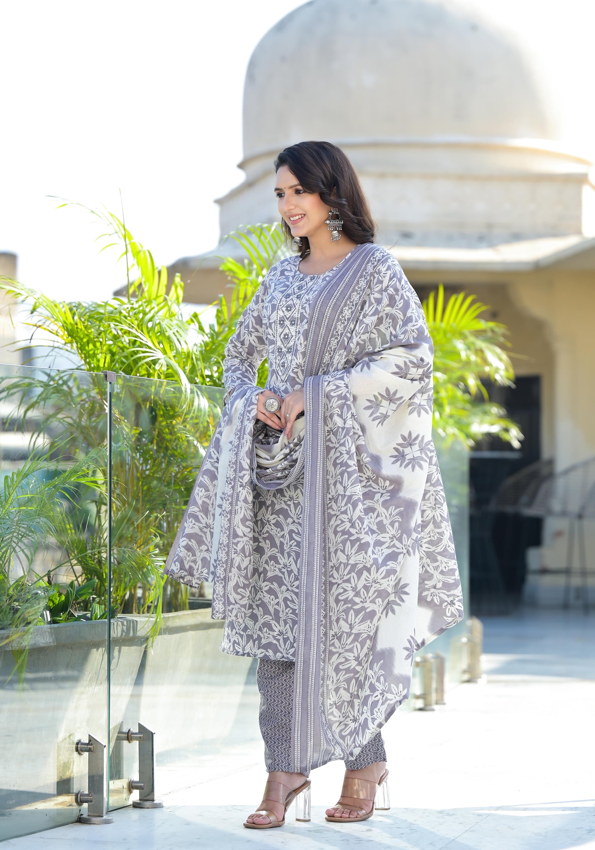 Grey Floral Printed Cotton Kurta Pant And Dupatta Set With Thread & Mirror Work