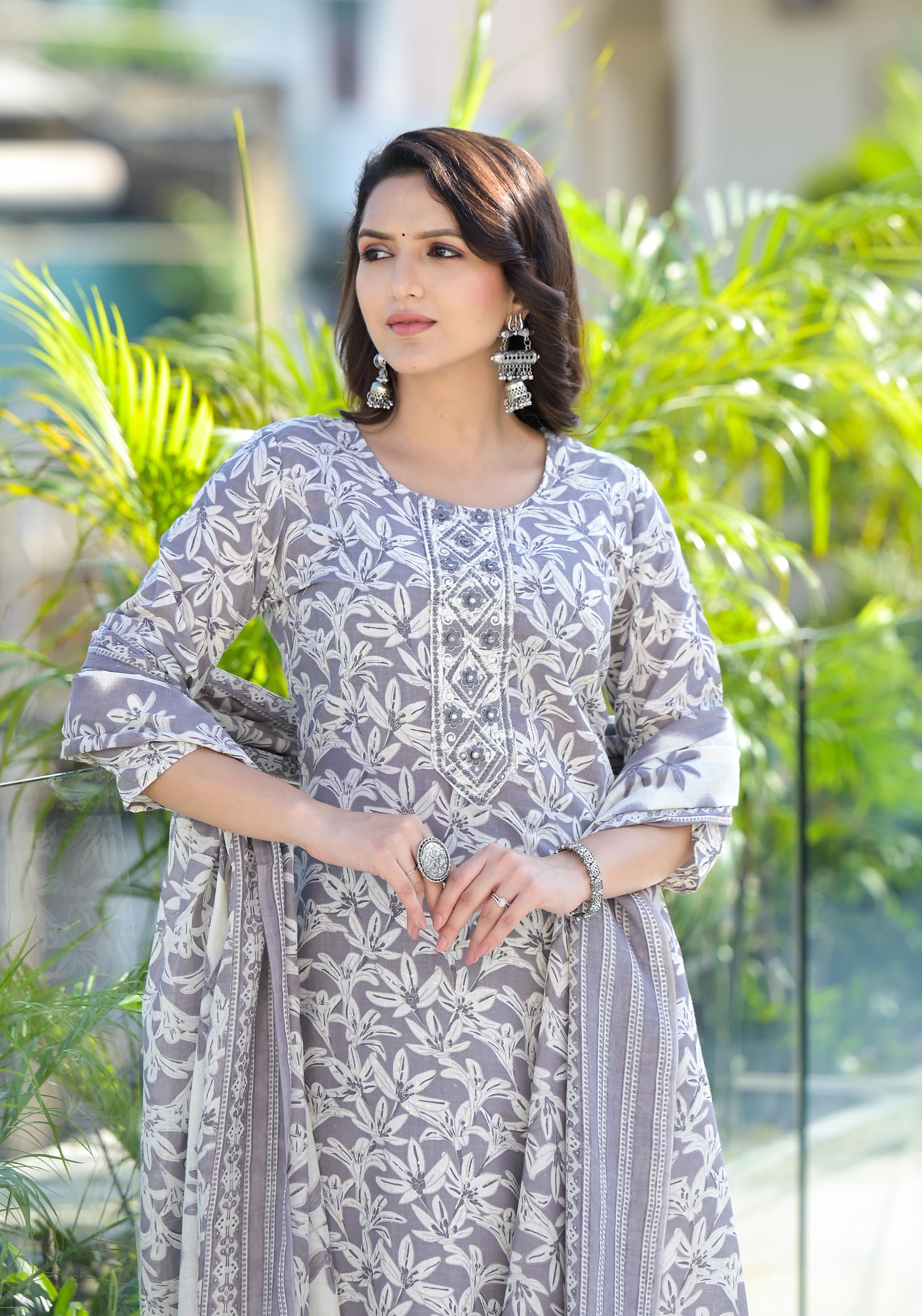 Grey Floral Printed Cotton Kurta Pant And Dupatta Set With Thread & Mirror Work