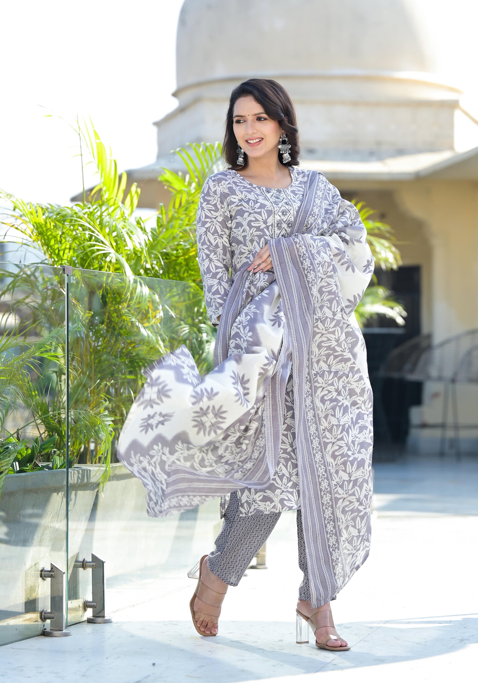 Grey Floral Printed Cotton Kurta Pant And Dupatta Set With Thread & Mirror Work