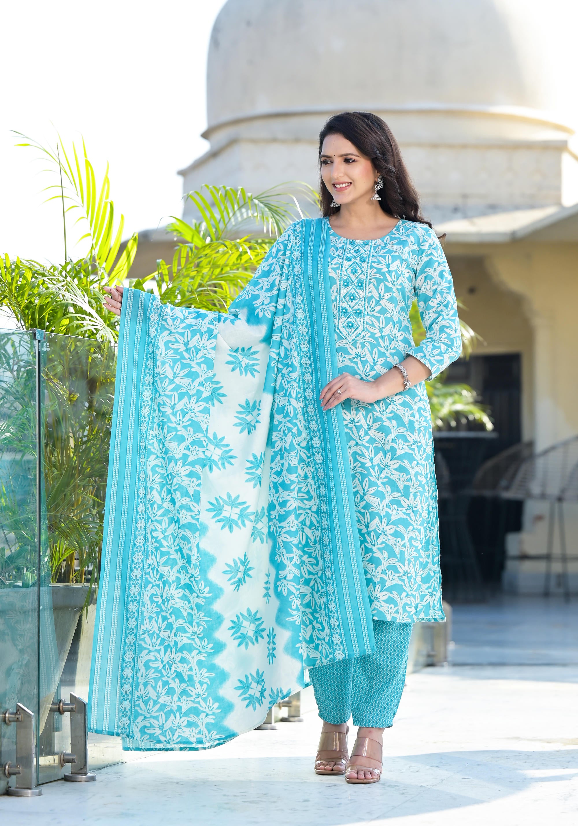 Sky Blue Floral Printed Cotton Kurta Pant And Dupatta Set With Thread & Mirror Work