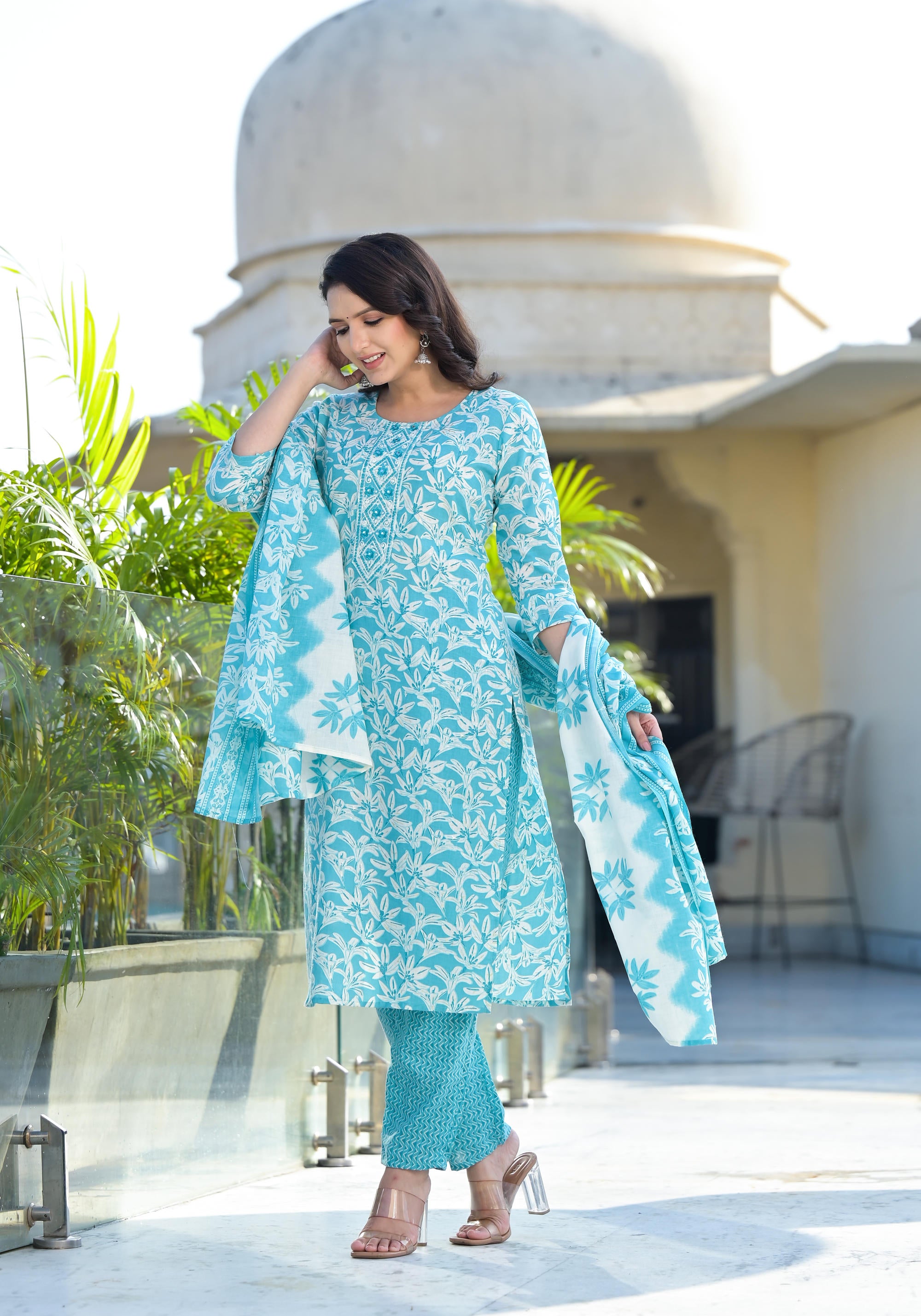 Sky Blue Floral Printed Cotton Kurta Pant And Dupatta Set With Thread & Mirror Work