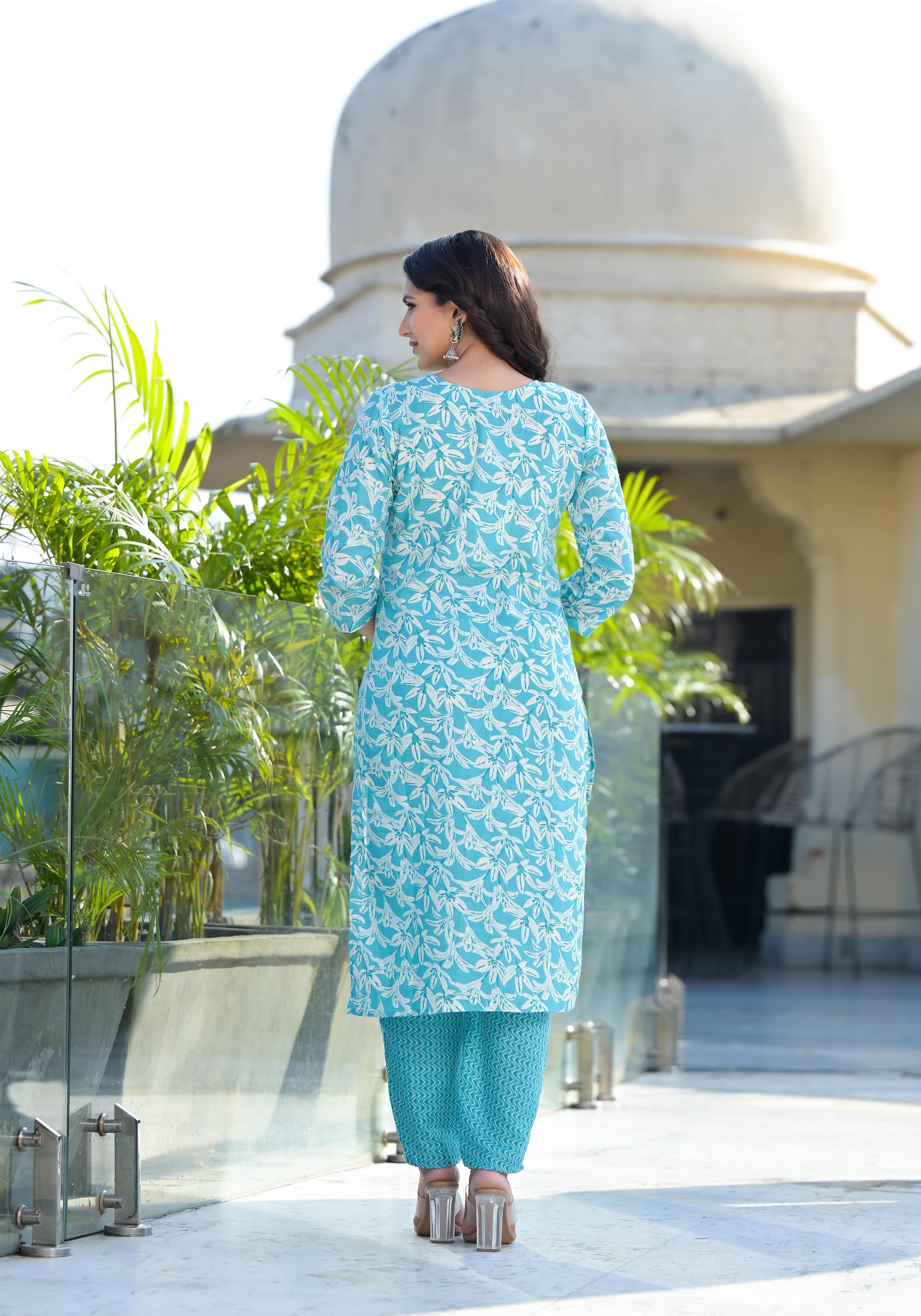 Sky Blue Floral Printed Cotton Kurta Pant And Dupatta Set With Thread & Mirror Work