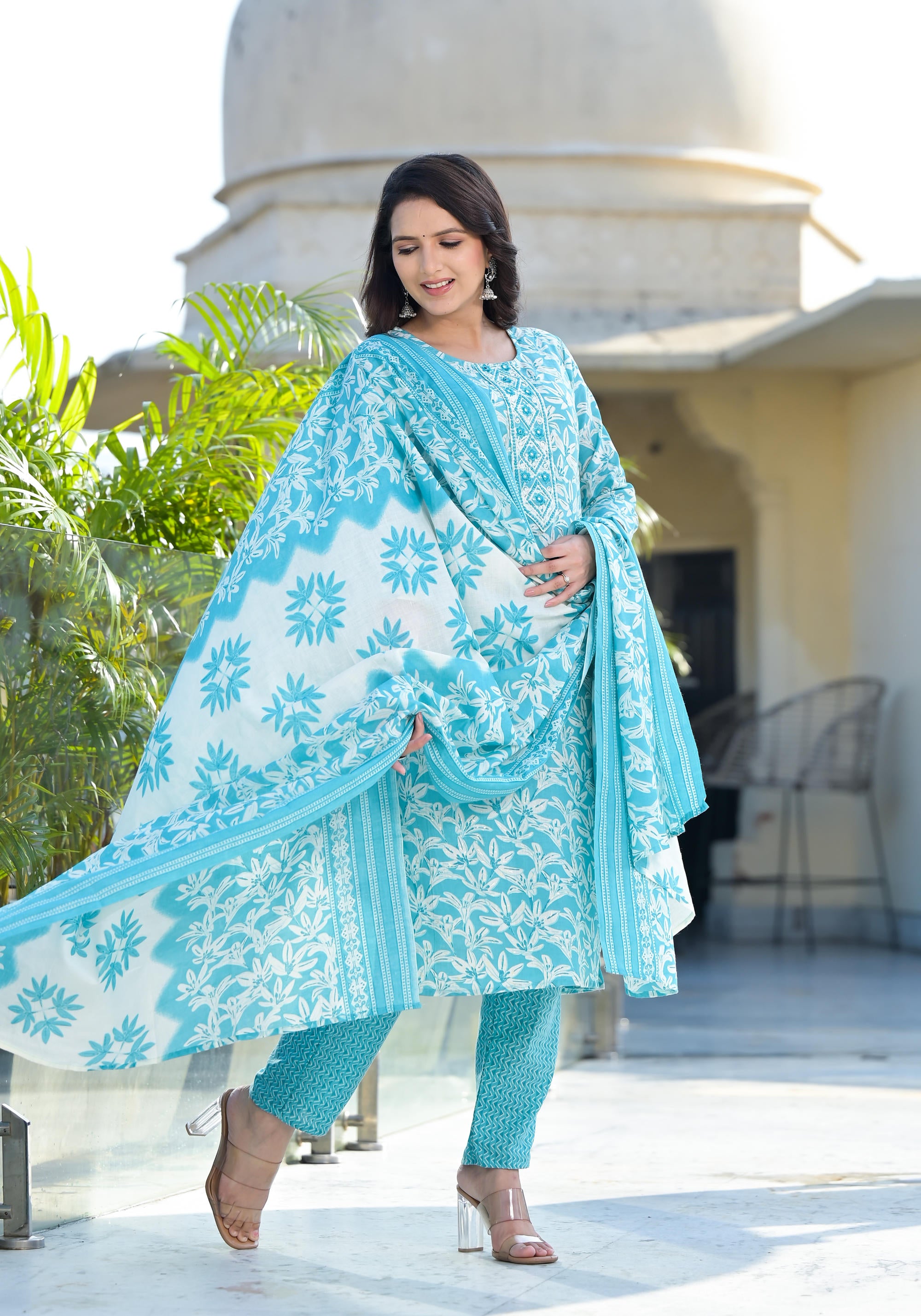 Sky Blue Floral Printed Cotton Kurta Pant And Dupatta Set With Thread & Mirror Work