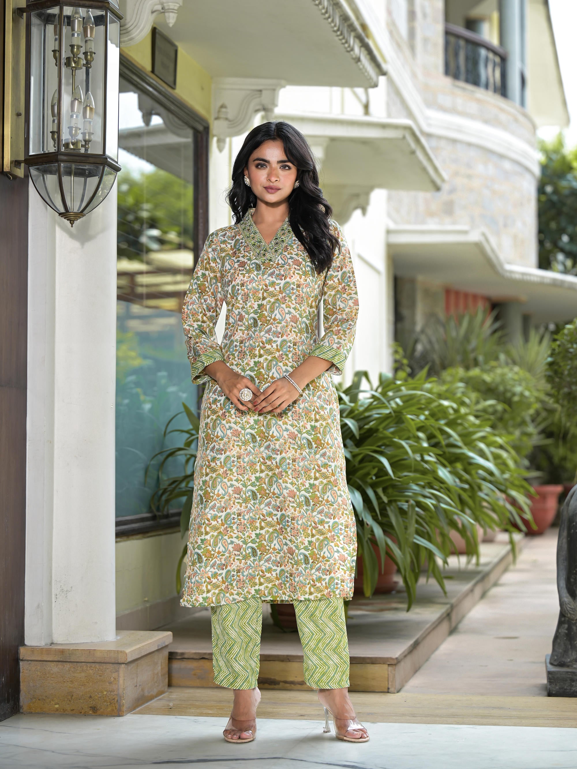 Pista Green Floral Printed Cotton Kurta Pant With Dupatta Set With Mirror & Thread Work