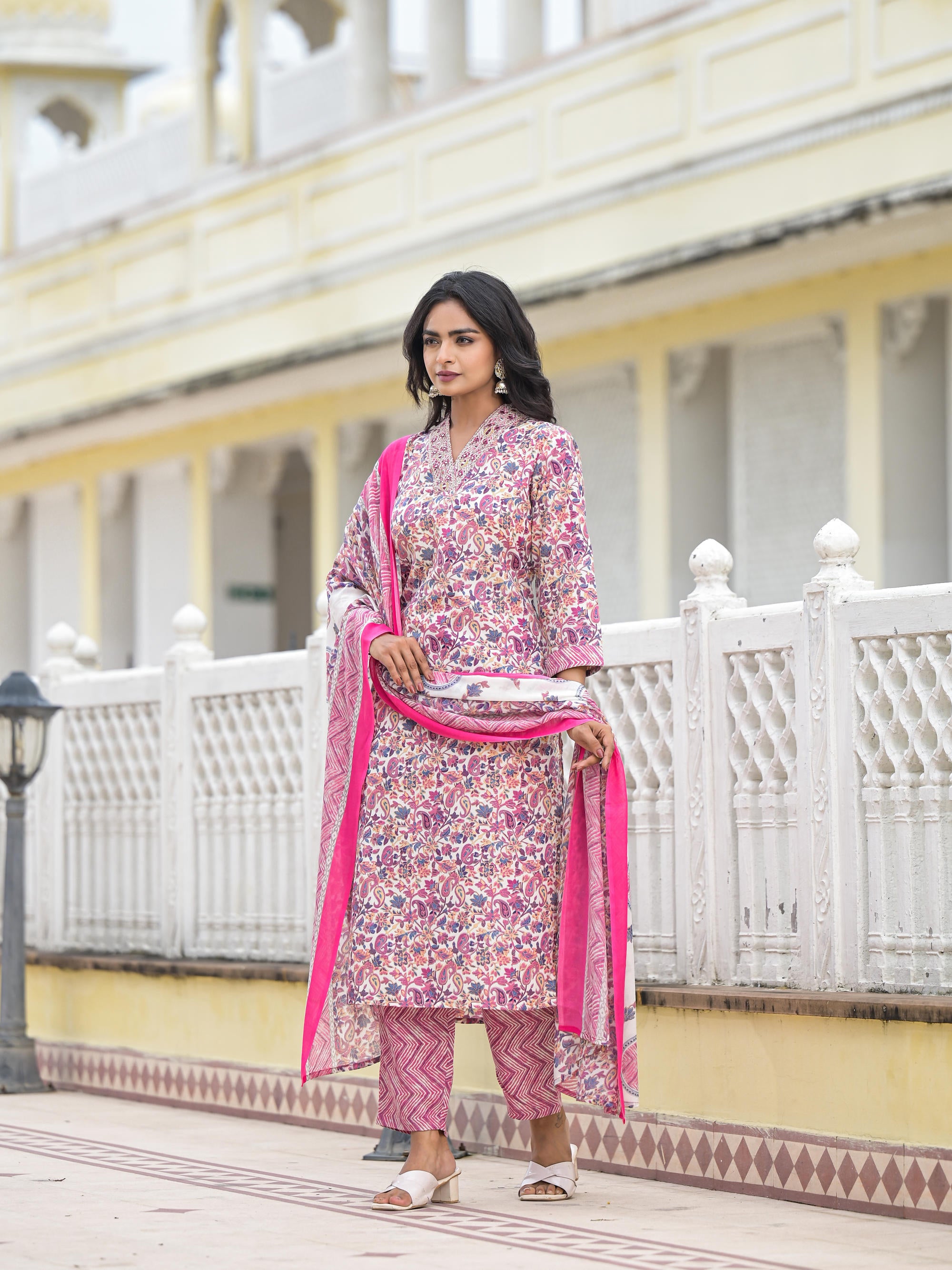 Purple  Floral Printed Cotton Kurta Pant With Dupatta Set With Mirror & Thread Work