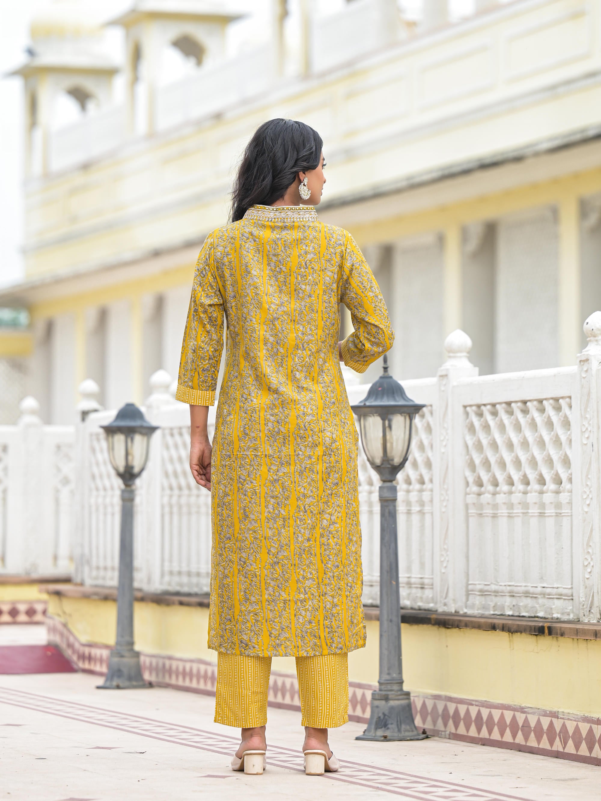 Mustard Floral Printed Cotton Kurta Pant With Dupatta Set With Mirror & Thread Work