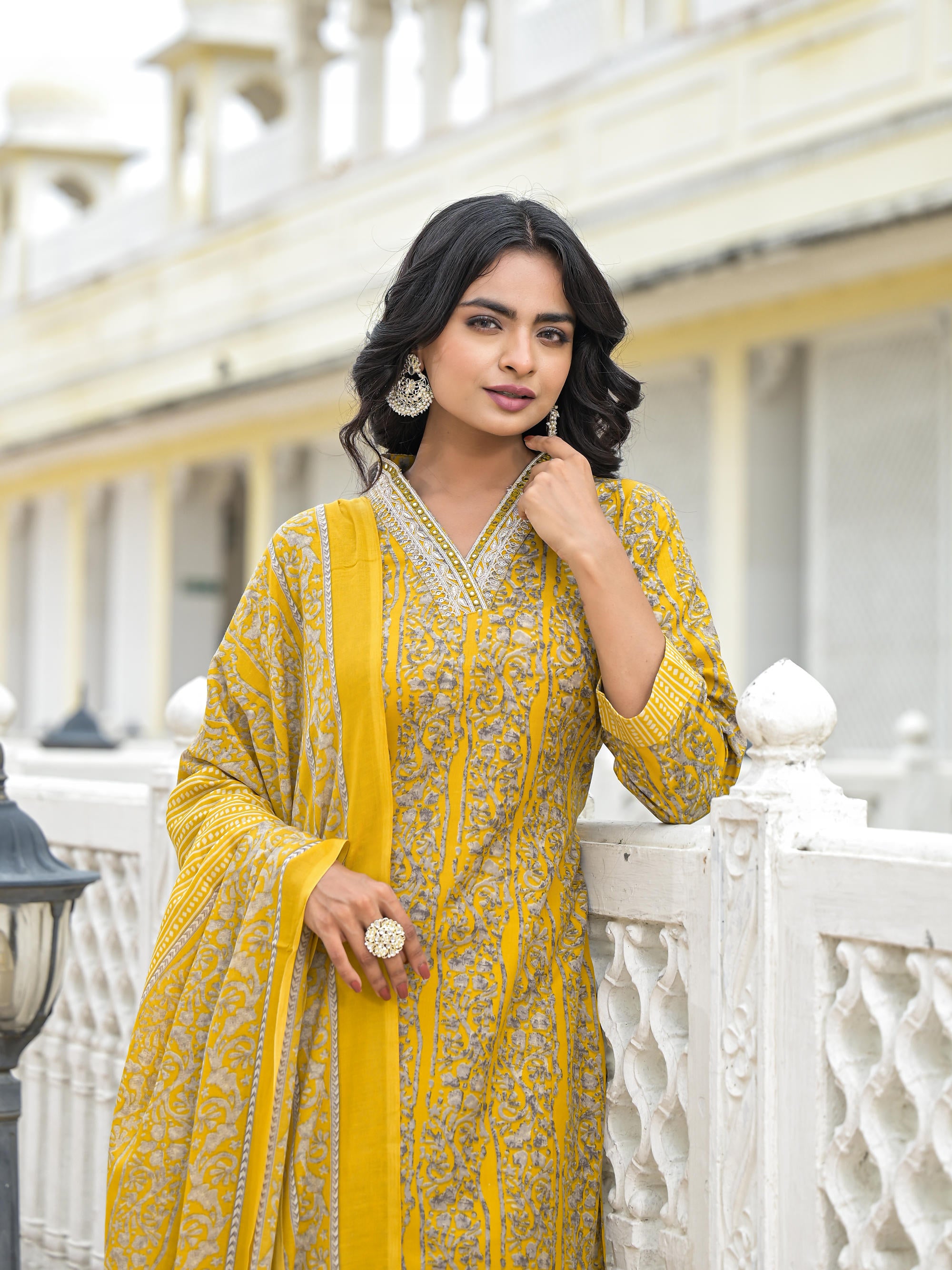 Mustard Floral Printed Cotton Kurta Pant With Dupatta Set With Mirror & Thread Work