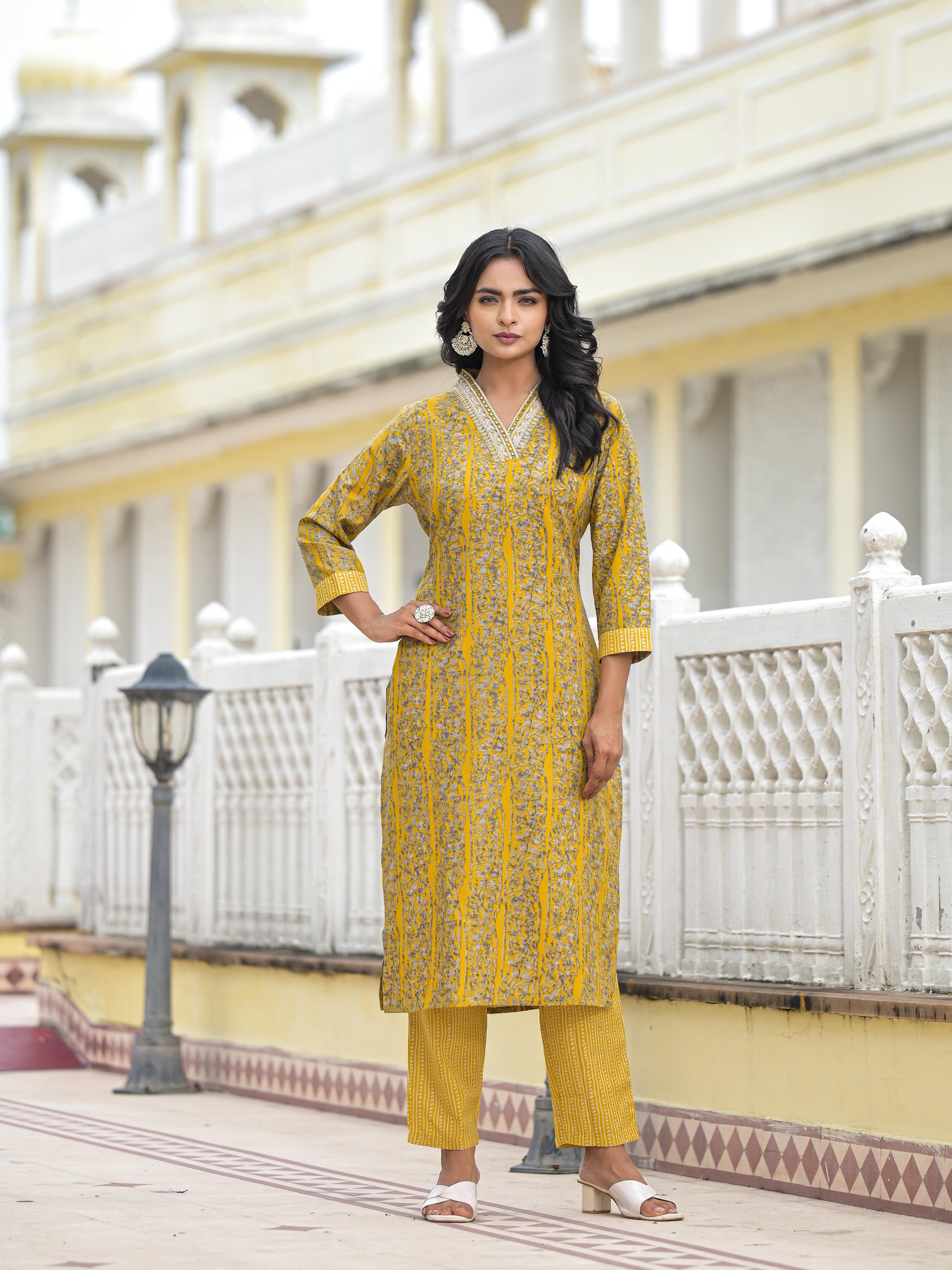 Mustard Floral Printed Cotton Kurta Pant With Dupatta Set With Mirror & Thread Work