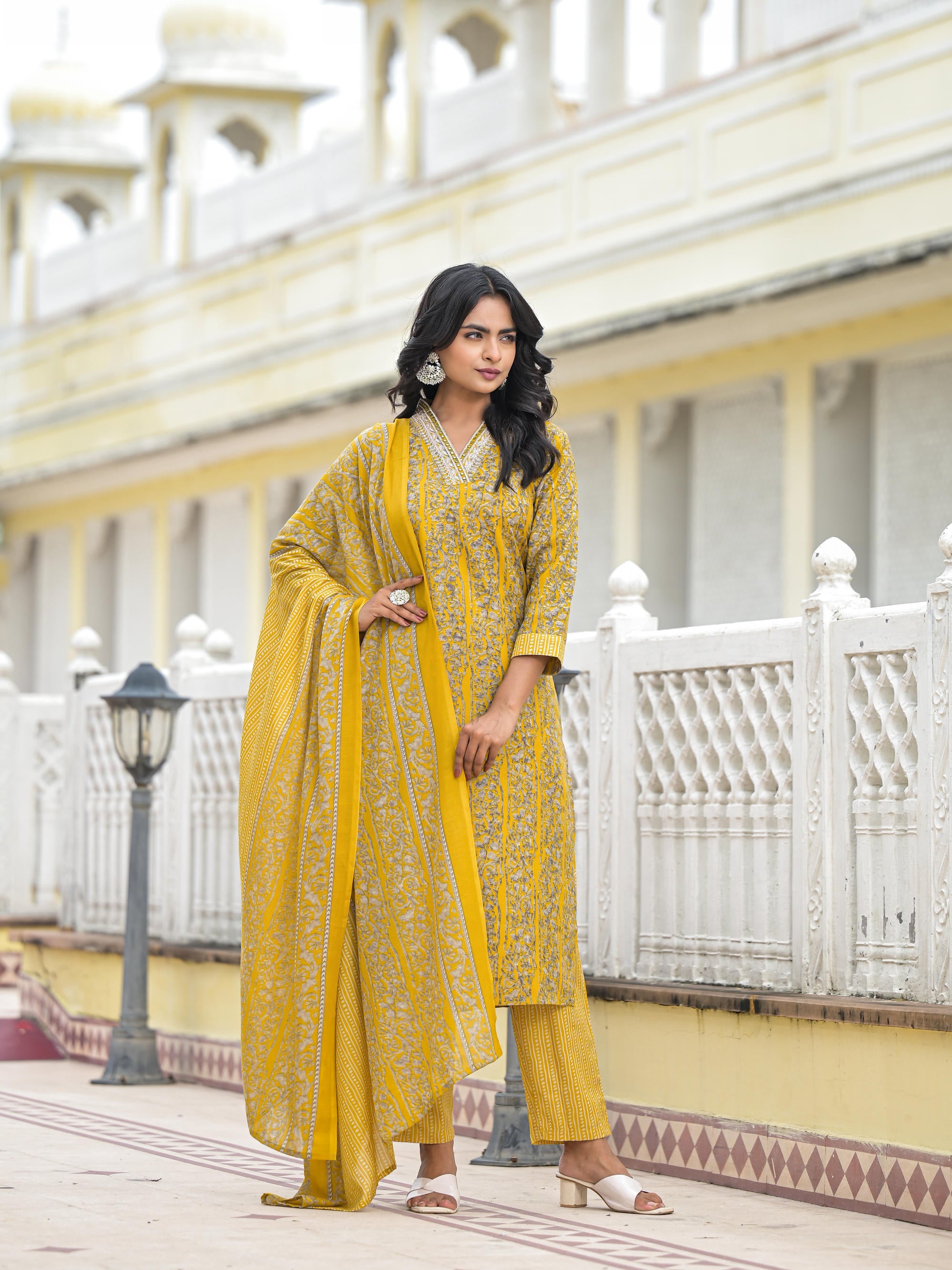 Mustard Floral Printed Cotton Kurta Pant With Dupatta Set With Mirror & Thread Work