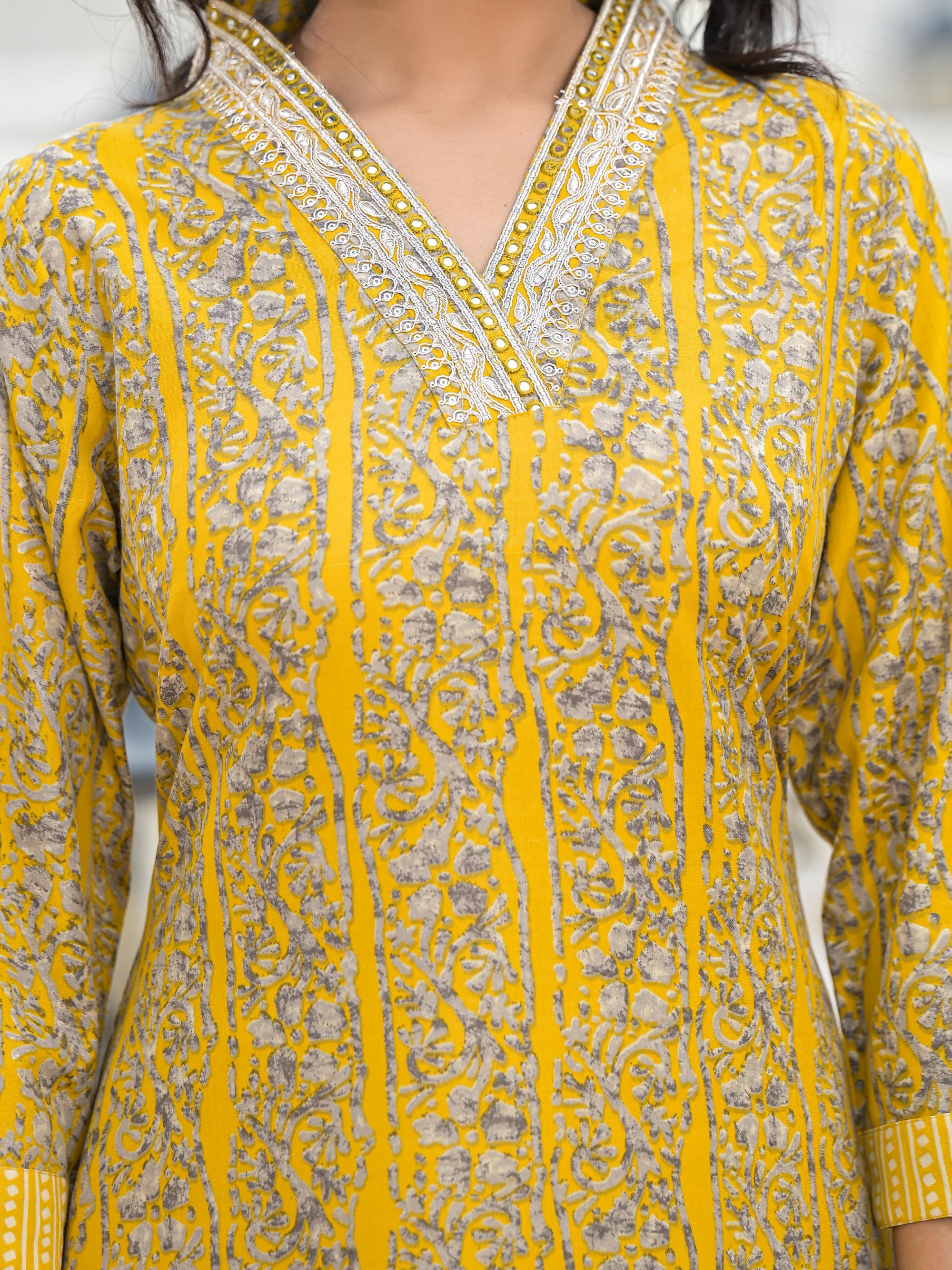 Mustard Floral Printed Cotton Kurta Pant With Dupatta Set With Mirror & Thread Work