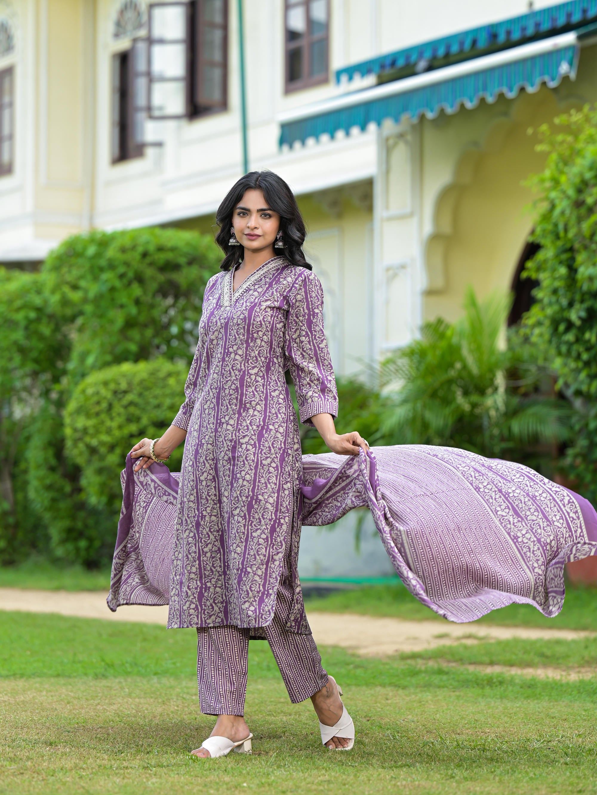 Purple Floral Printed Cotton Kurta Pant With Dupatta Set With Mirror & Thread Work