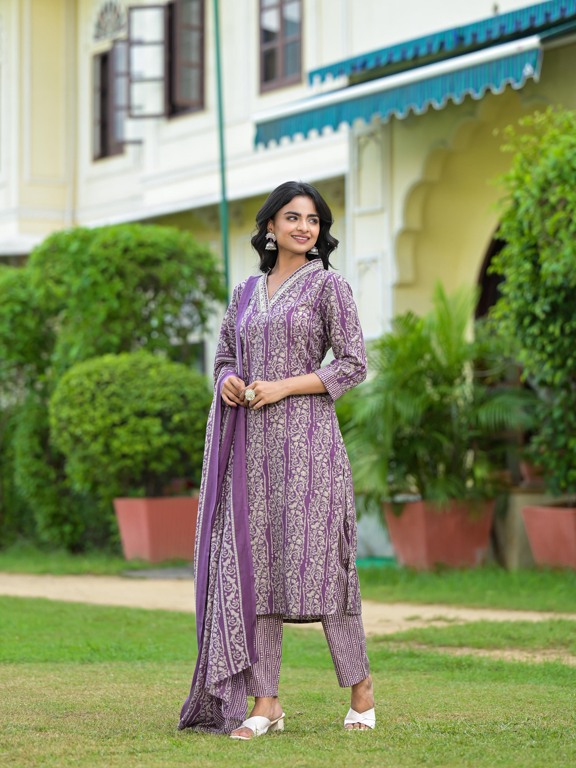 Purple Floral Printed Cotton Kurta Pant With Dupatta Set With Mirror & Thread Work