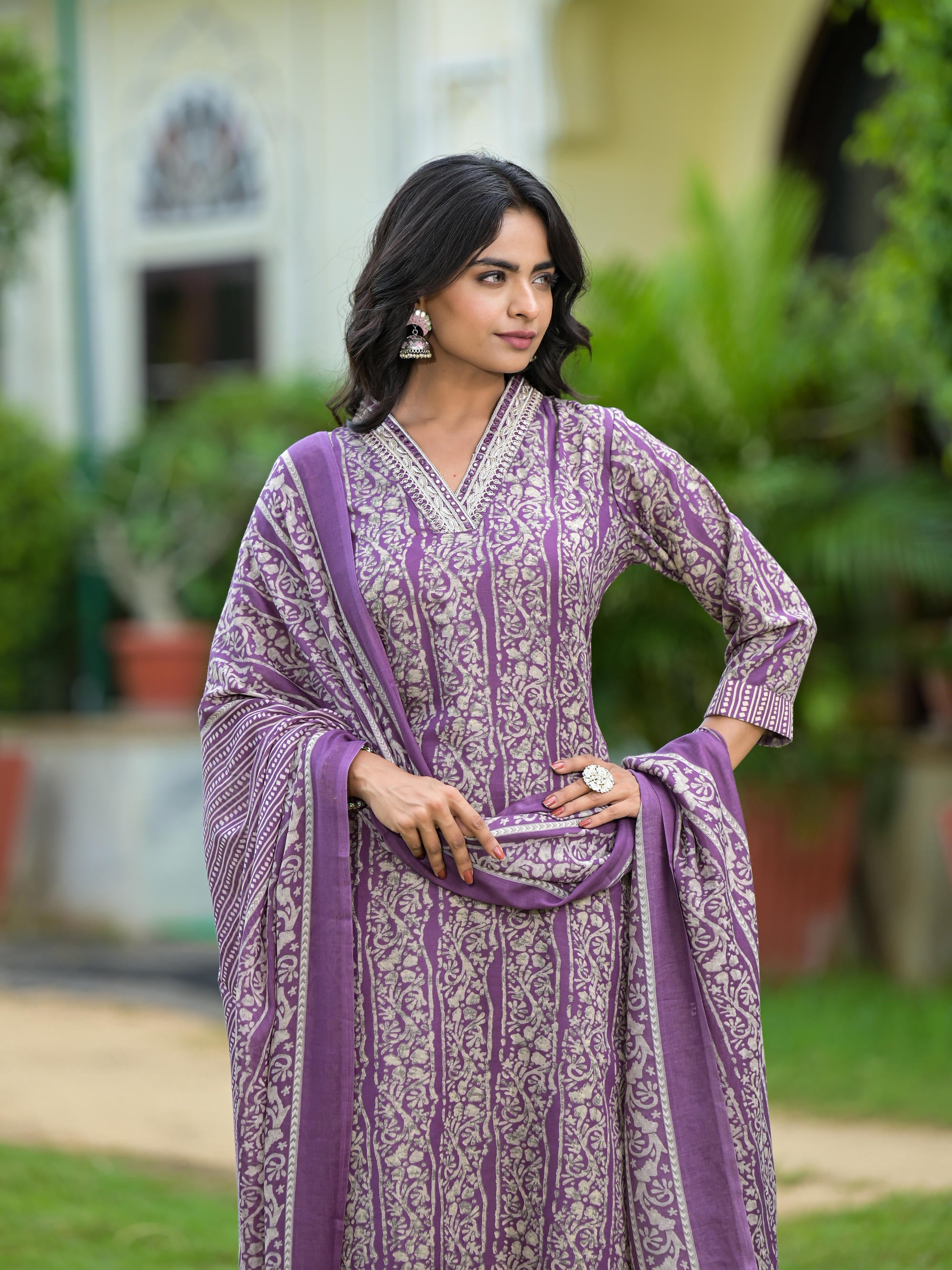 Purple Floral Printed Cotton Kurta Pant With Dupatta Set With Mirror & Thread Work