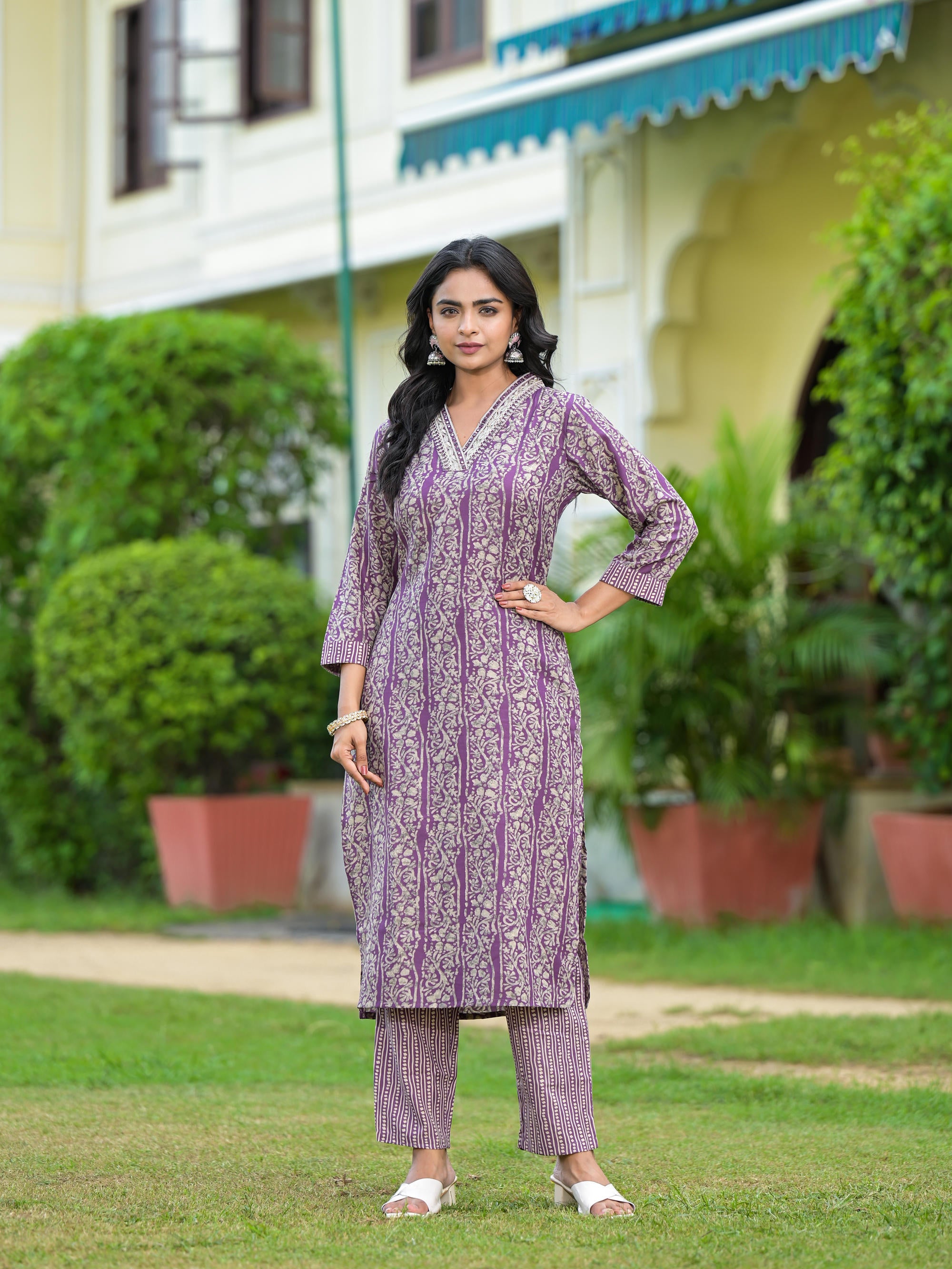 Purple Floral Printed Cotton Kurta Pant With Dupatta Set With Mirror & Thread Work