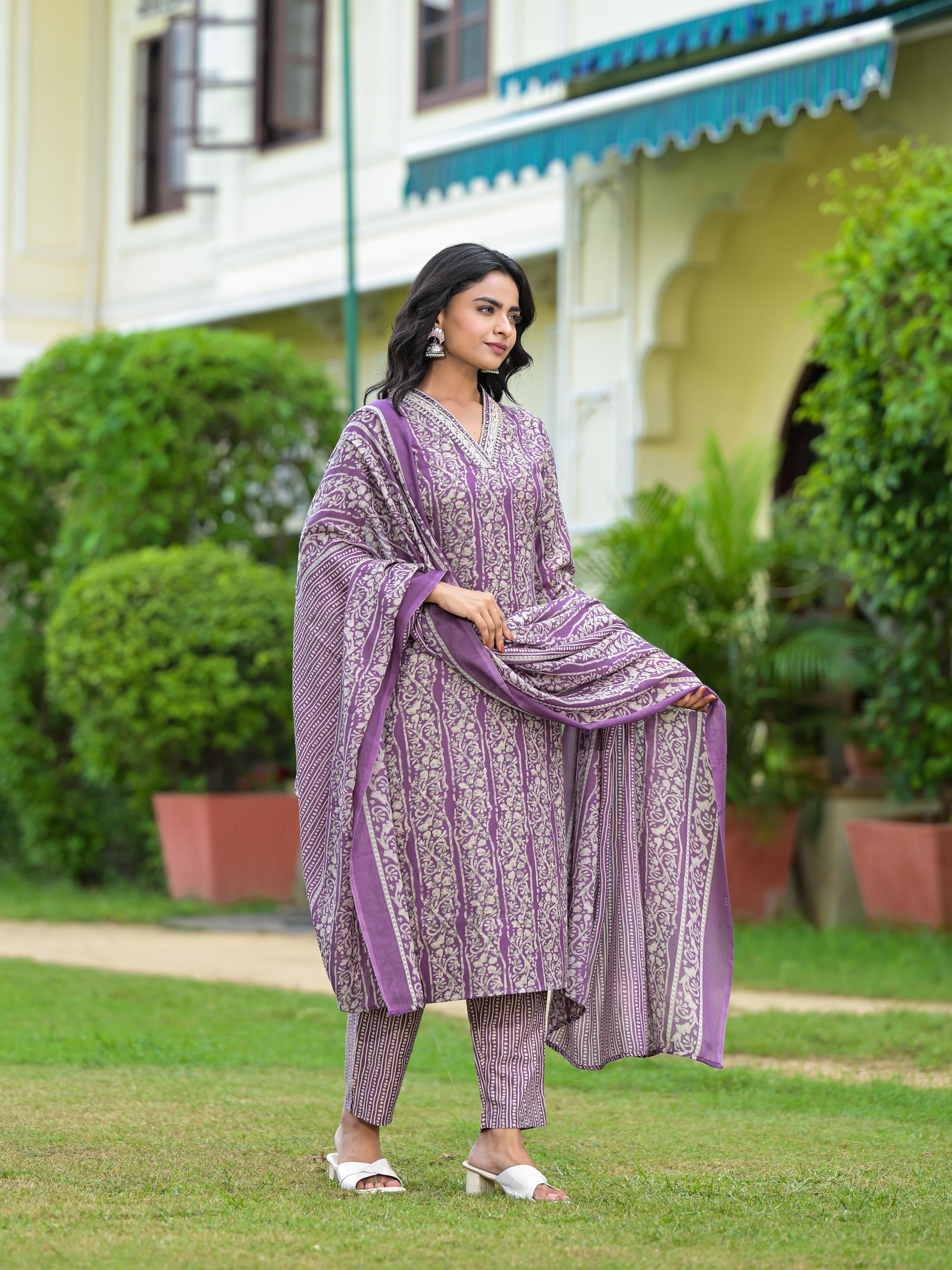 Purple Floral Printed Cotton Kurta Pant With Dupatta Set With Mirror & Thread Work