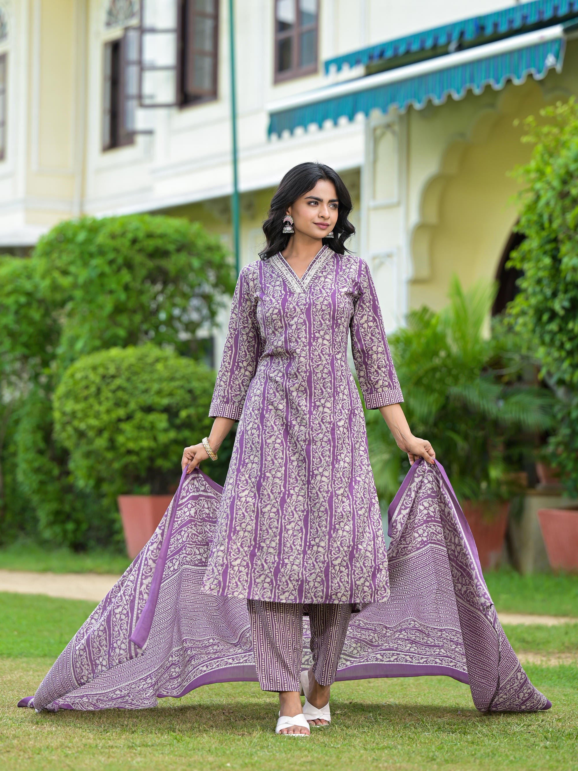 Purple Floral Printed Cotton Kurta Pant With Dupatta Set With Mirror & Thread Work