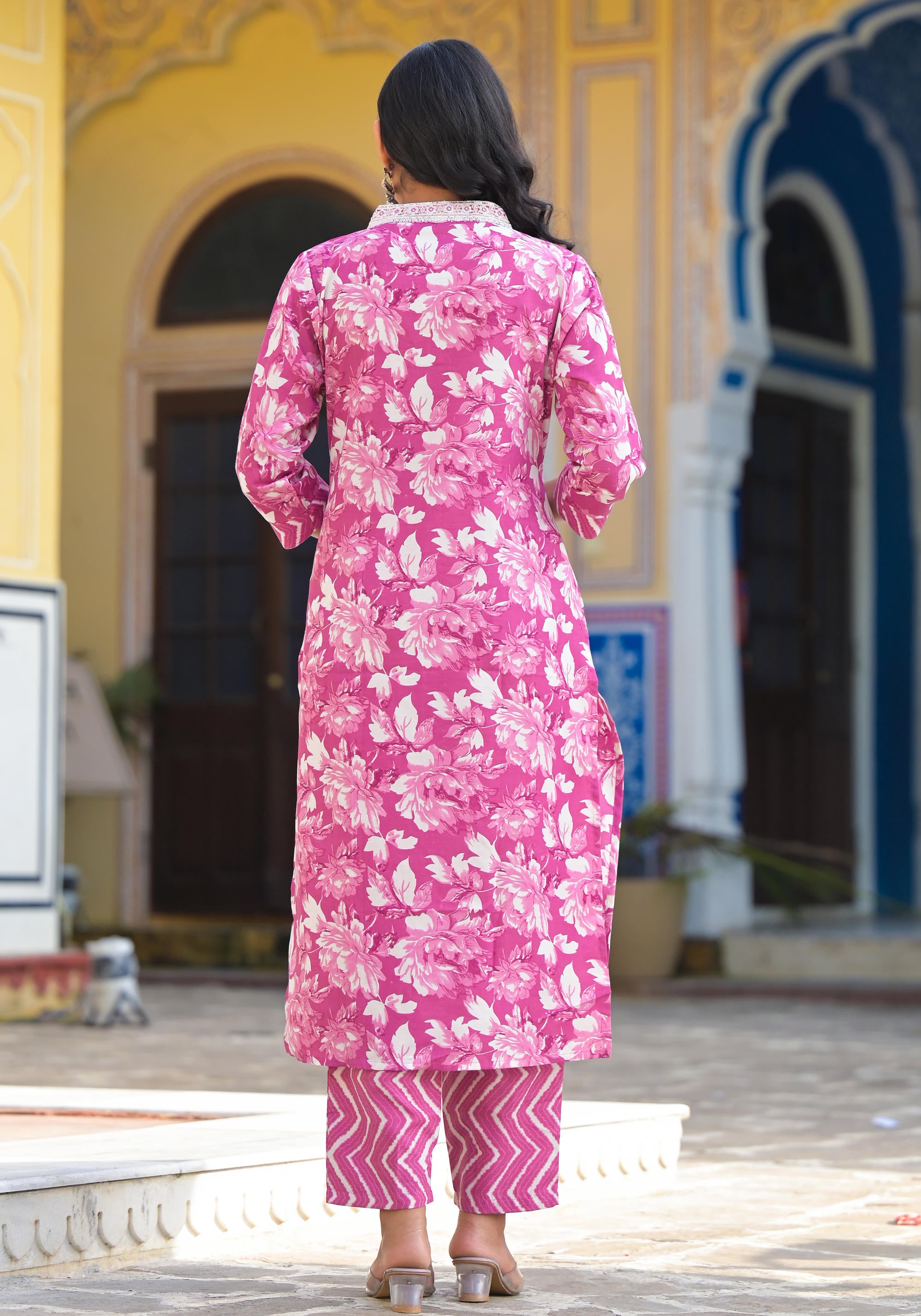 Mauve Floral Printed Cotton Kurta Pant With Dupatta Set With Mirror Work & Zari Work