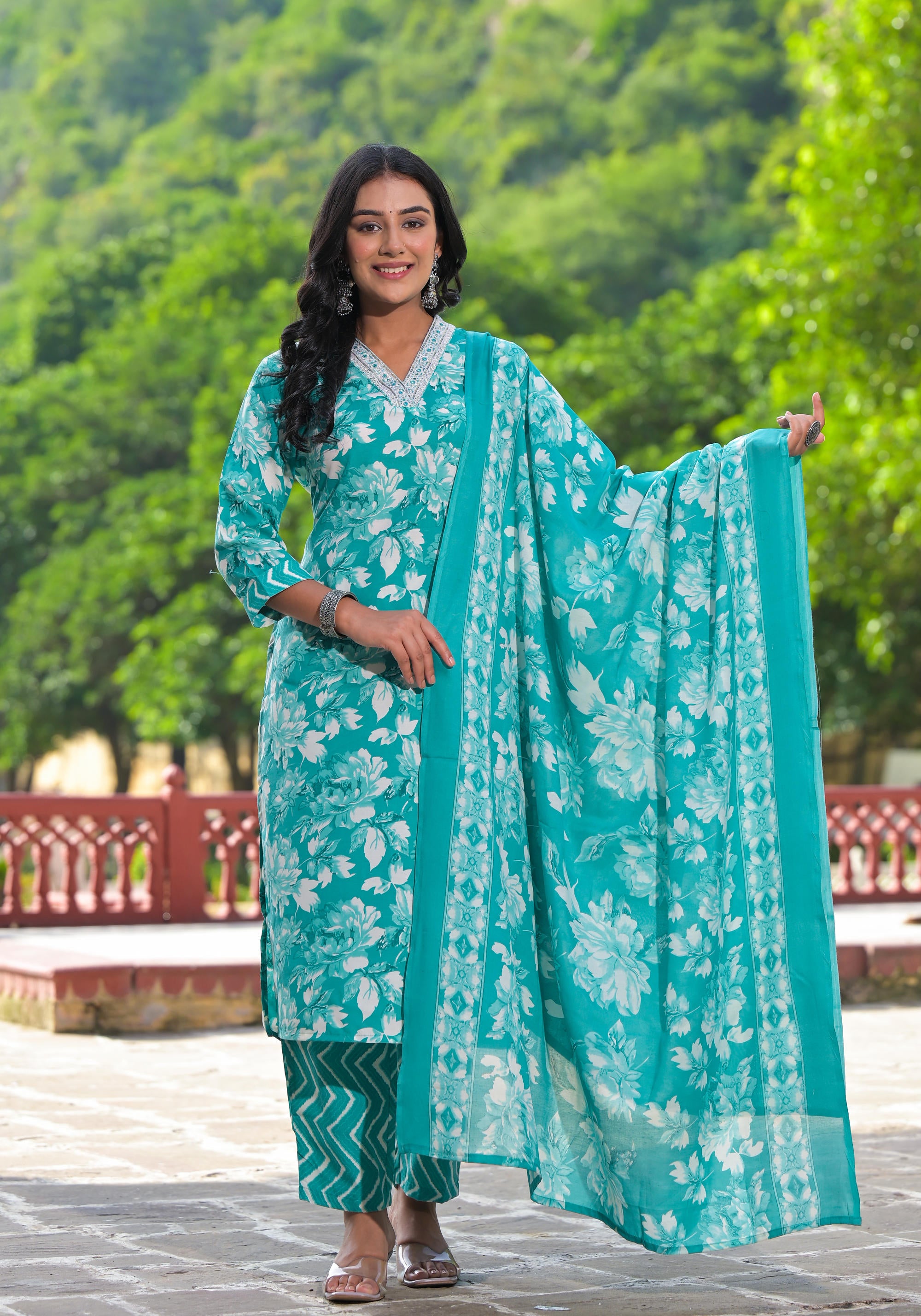 Rama Green Floral Printed Cotton Kurta Pant With Dupatta Set With Mirror Work & Zari Work