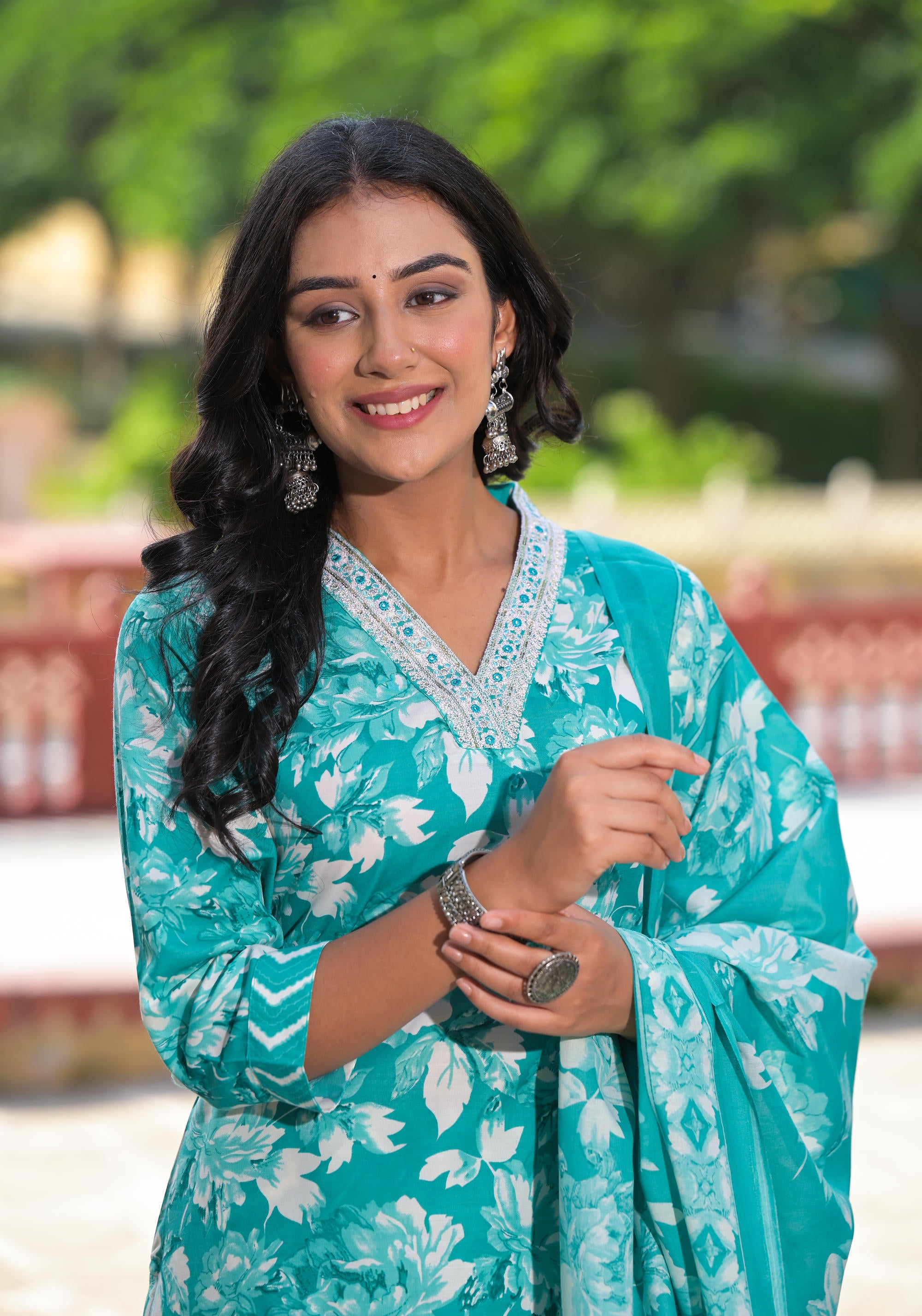 Rama Green Floral Printed Cotton Kurta Pant With Dupatta Set With Mirror Work & Zari Work