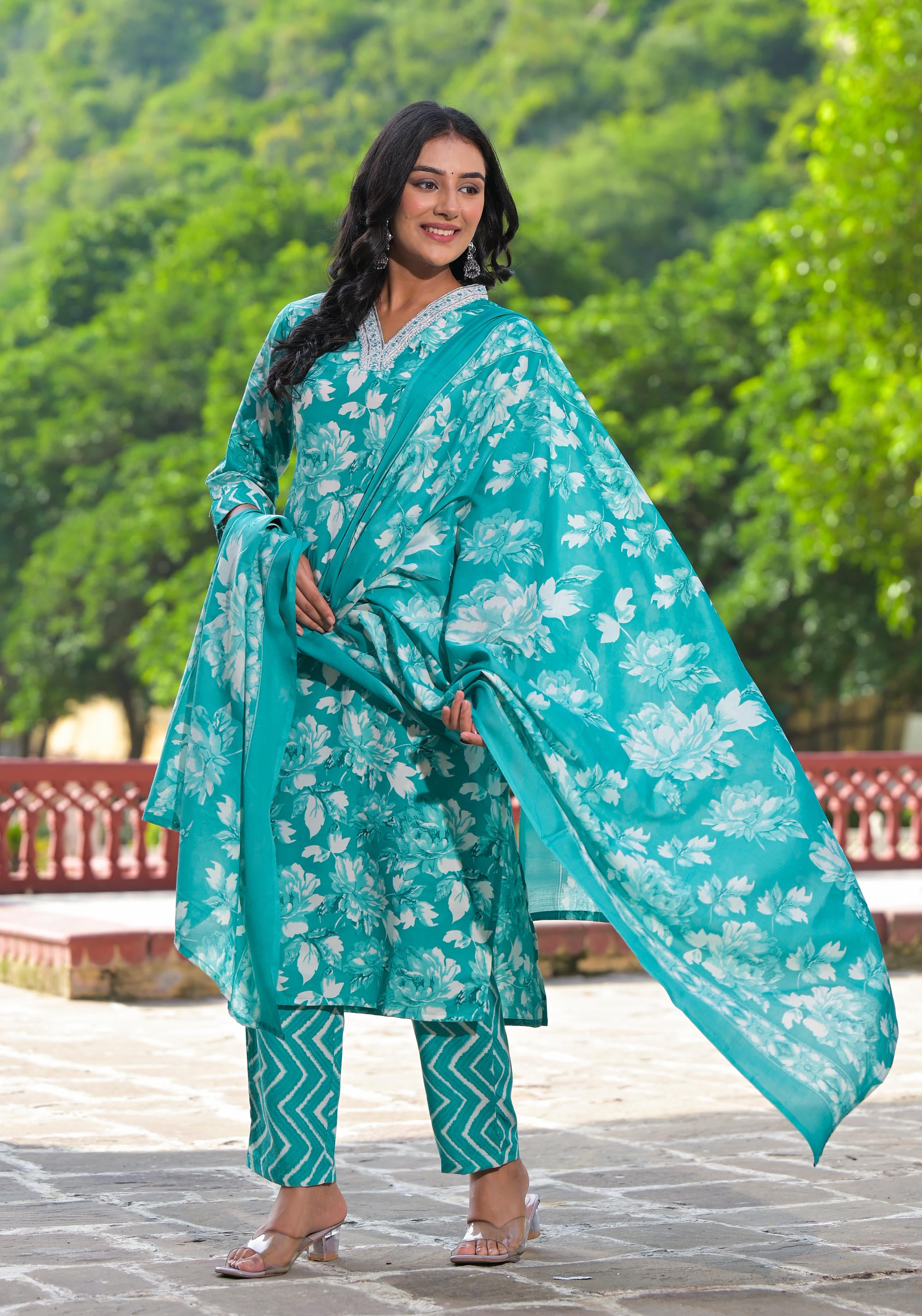 Rama Green Floral Printed Cotton Kurta Pant With Dupatta Set With Mirror Work & Zari Work