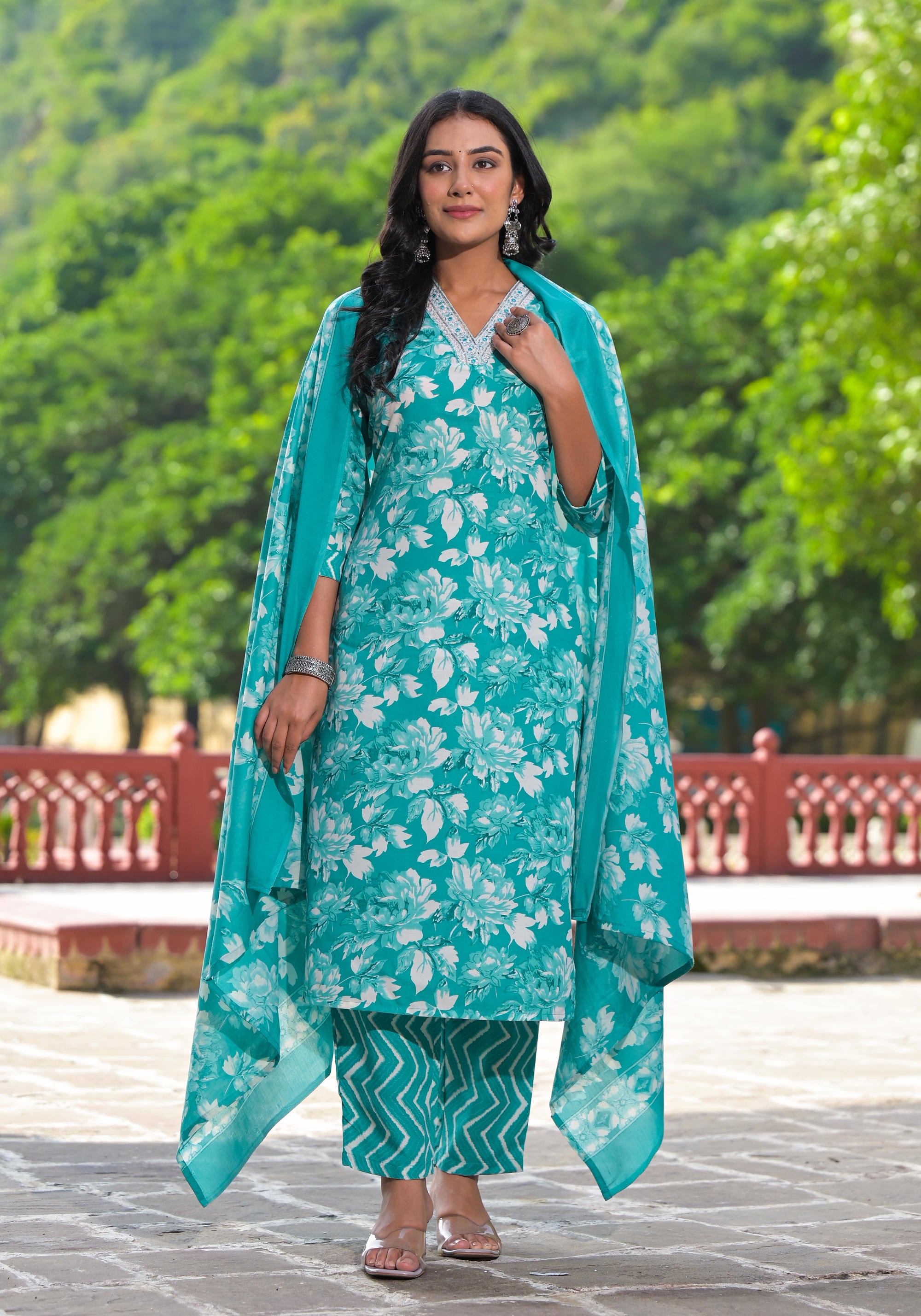 Rama Green Floral Printed Cotton Kurta Pant With Dupatta Set With Mirror Work & Zari Work