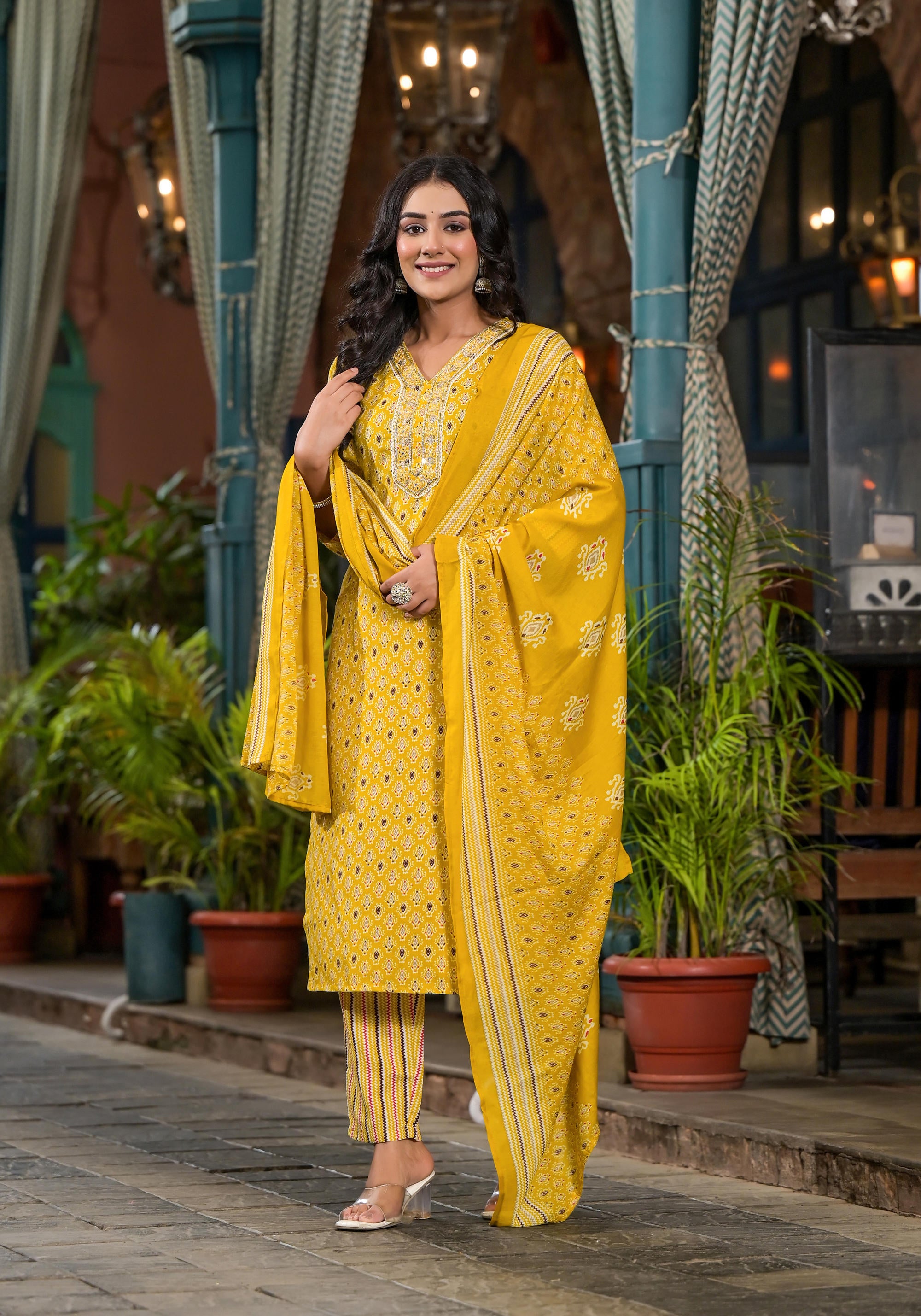 Mustard Ethnic Motif Printed Cotton Kurta Pant And Dupatta Set With Mirror work & Sequins