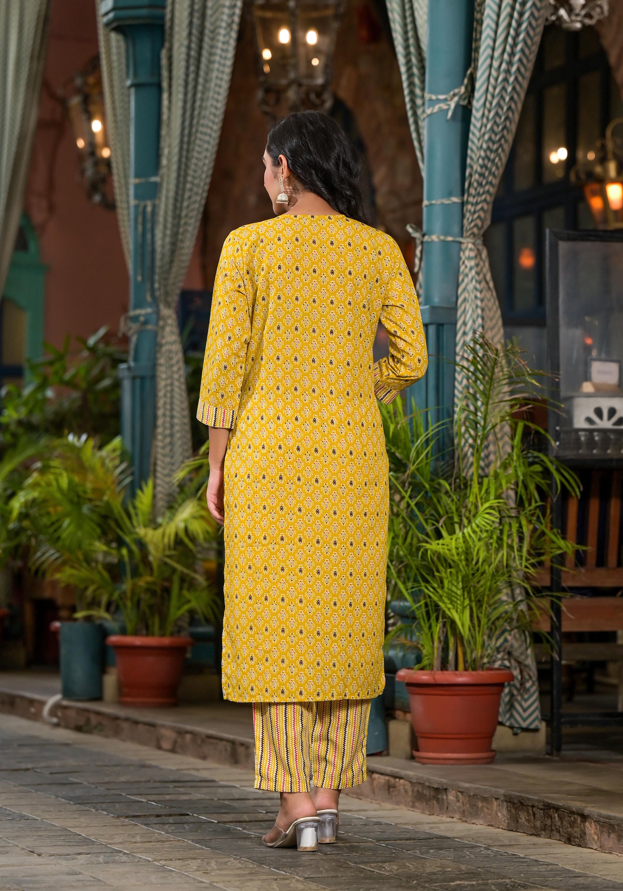 Mustard Ethnic Motif Printed Cotton Kurta Pant And Dupatta Set With Mirror work & Sequins