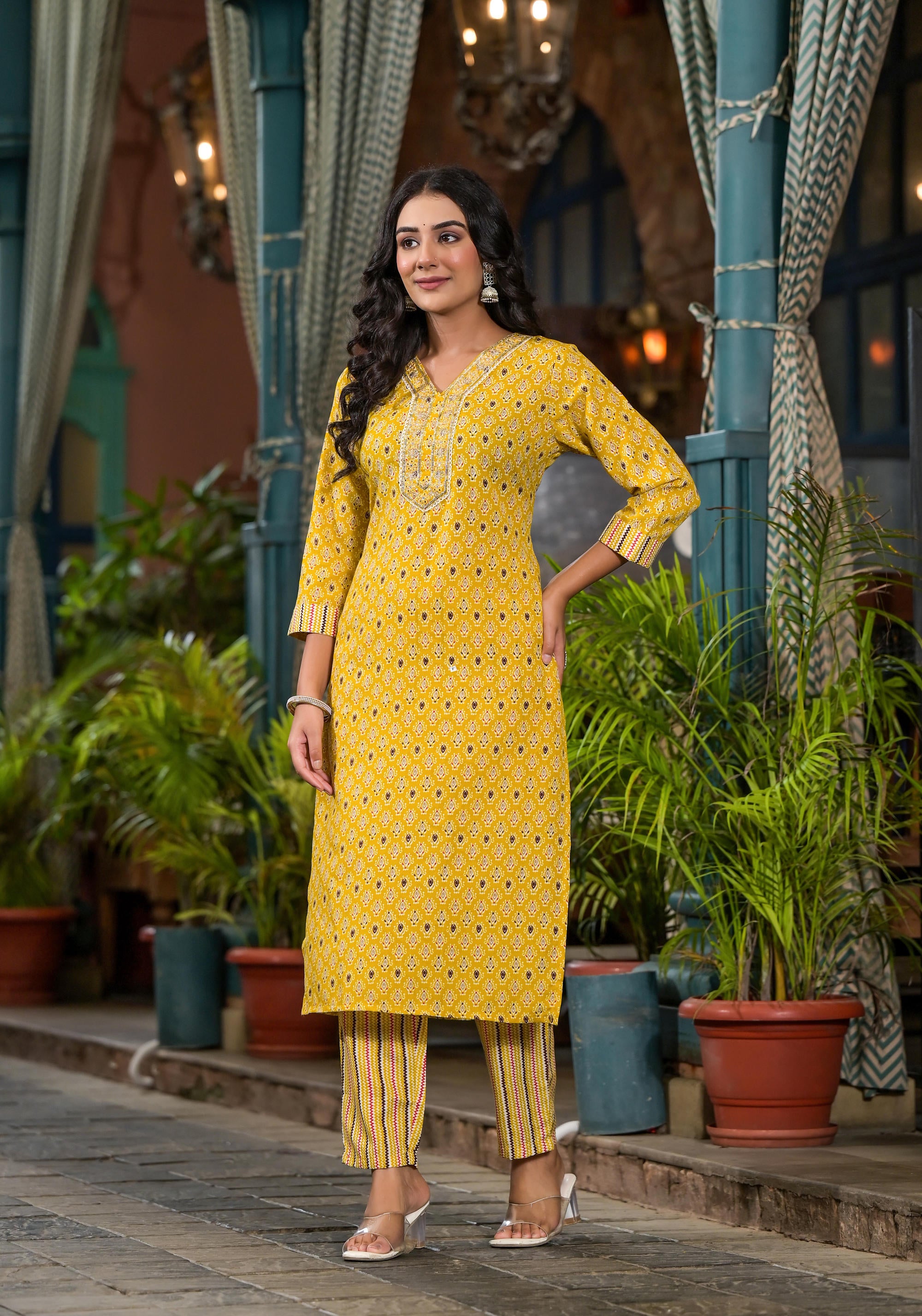 Mustard Ethnic Motif Printed Cotton Kurta Pant And Dupatta Set With Mirror work & Sequins